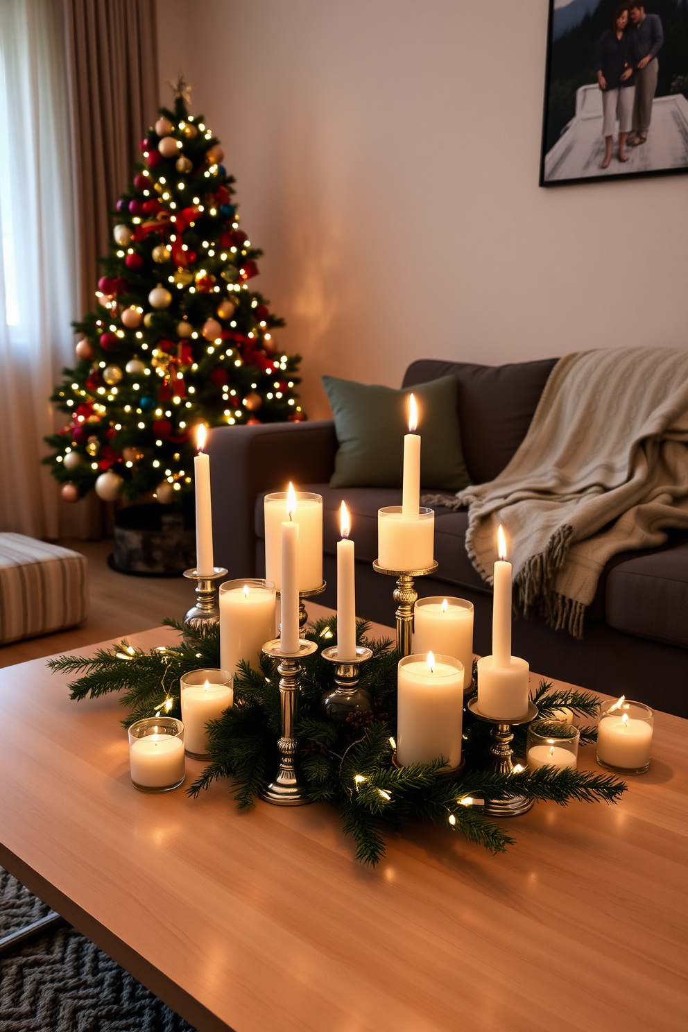 Candle arrangements on the coffee table. A collection of variously sized candles in elegant holders creates a warm ambiance, surrounded by seasonal greenery and twinkling fairy lights. Apartment Christmas decorating ideas. The living room features a beautifully adorned Christmas tree in the corner, with colorful ornaments and a cozy blanket draped over the sofa, enhancing the festive atmosphere.