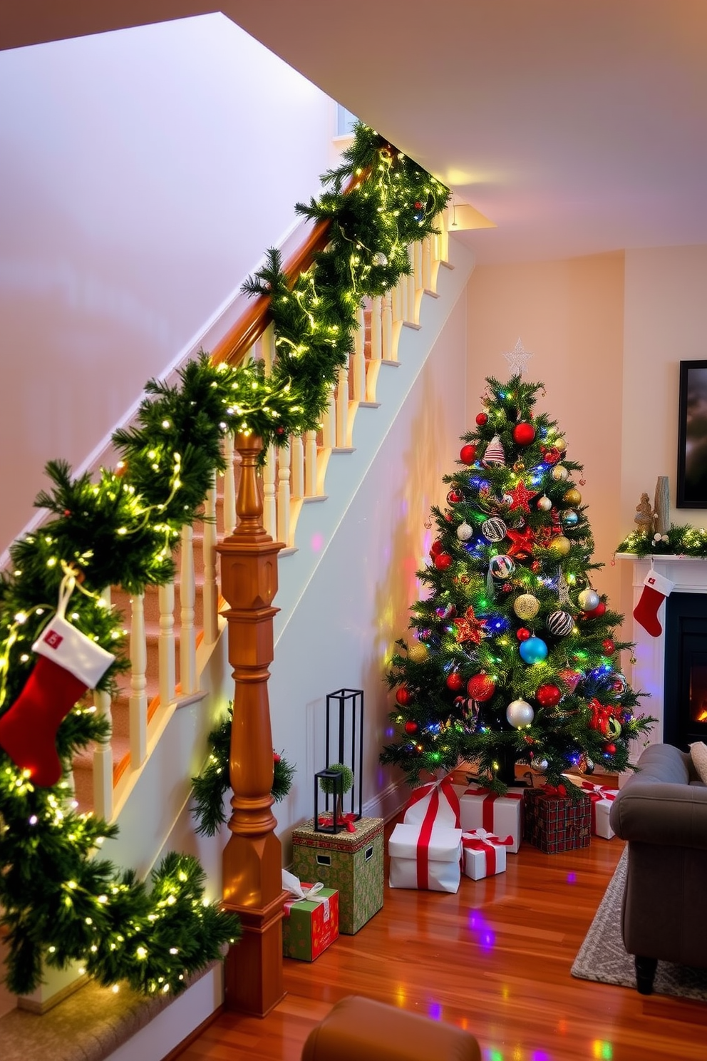 A festive staircase adorned with a lush garland wrapped elegantly around the wooden railings. Twinkling fairy lights are interspersed throughout the greenery, enhancing the warm holiday ambiance. A cozy apartment living room transformed for Christmas with a beautifully decorated tree in the corner. Stockings hang from a modern fireplace, and vibrant ornaments add a cheerful touch to the space.