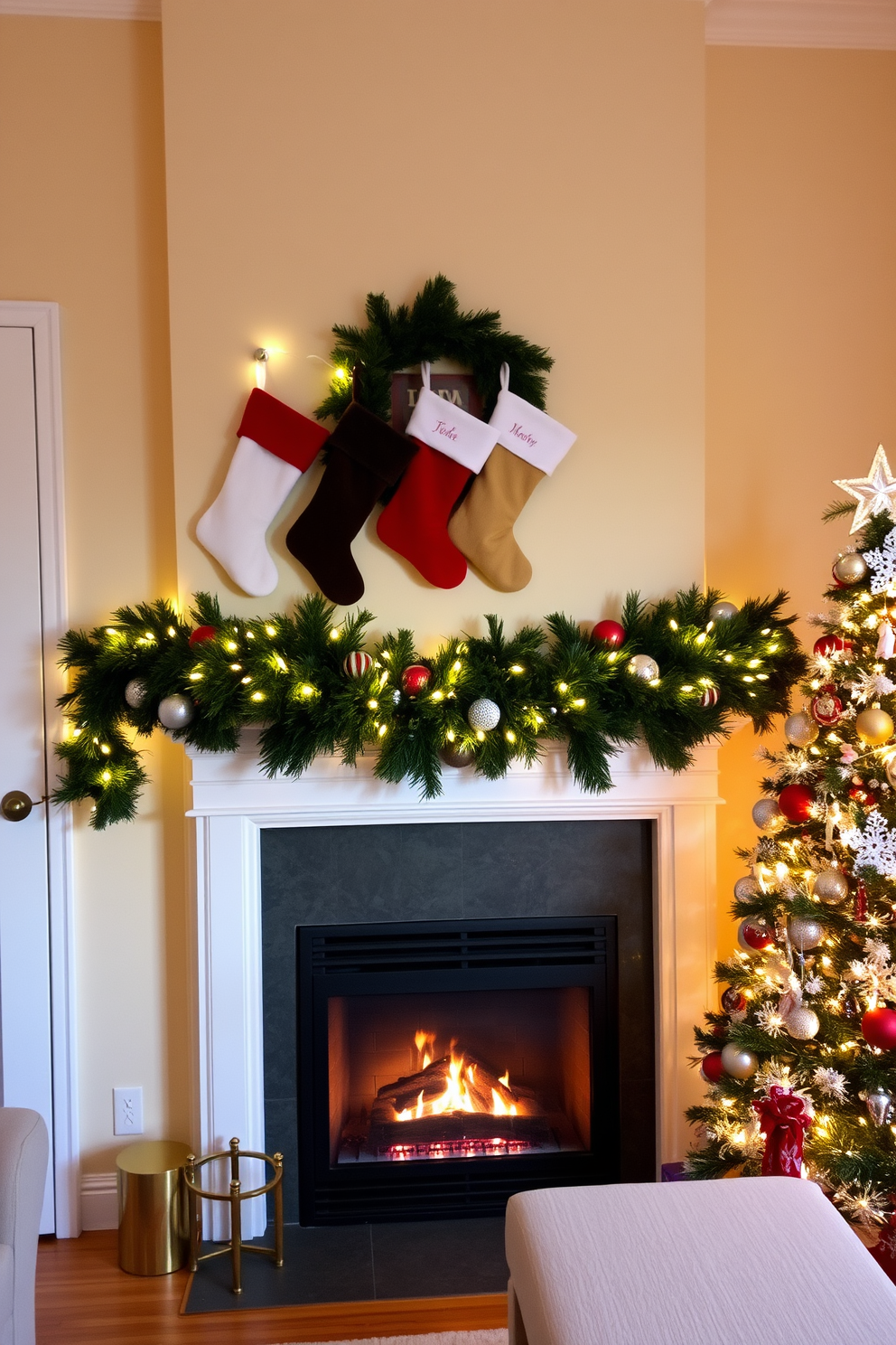 A cozy apartment living room adorned for Christmas. Stockings in various colors are hung on the mantelpiece above a crackling fireplace, while twinkling fairy lights drape elegantly across the mantel. The walls are painted in a warm cream tone, complemented by a lush green garland that weaves around the mantel. A beautifully decorated Christmas tree stands nearby, adorned with shimmering ornaments and a star on top, creating a festive atmosphere.