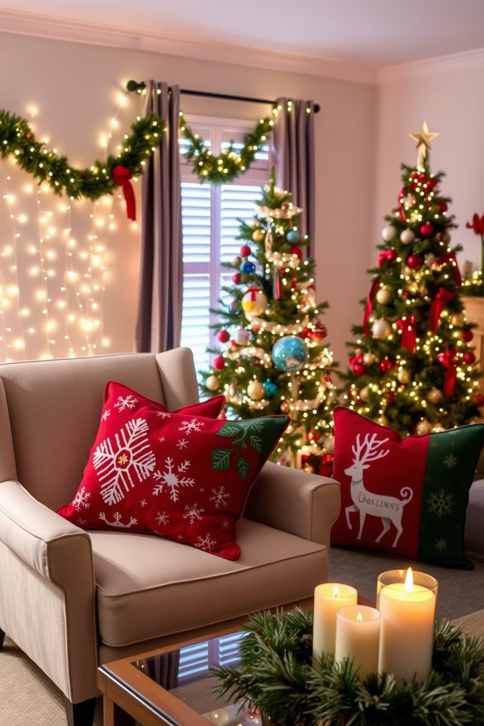 Holiday-themed throw pillows are artfully arranged on plush armchairs, featuring festive patterns of snowflakes and reindeer in rich reds and greens. The cozy living room is adorned with twinkling fairy lights and a beautifully decorated Christmas tree, creating a warm and inviting atmosphere. Apartment Christmas decorating ideas include a charming garland draped along the mantle, accented with pinecones and ornaments. A collection of scented candles in holiday fragrances adds a touch of warmth and cheer, enhancing the festive spirit of the space.