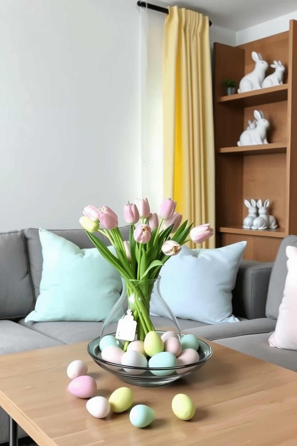 Pastel-colored throw pillows adorn a contemporary grey sofa, creating a cozy and inviting atmosphere. The pillows come in shades of soft pink, light blue, and mint green, perfectly complementing the neutral tones of the living room. Apartment Easter decorating ideas include a centerpiece of fresh tulips in a glass vase on the dining table, surrounded by pastel-colored eggs. Light and airy curtains in a soft yellow hue brighten the space, while decorative bunny figurines add a playful touch to the shelves.