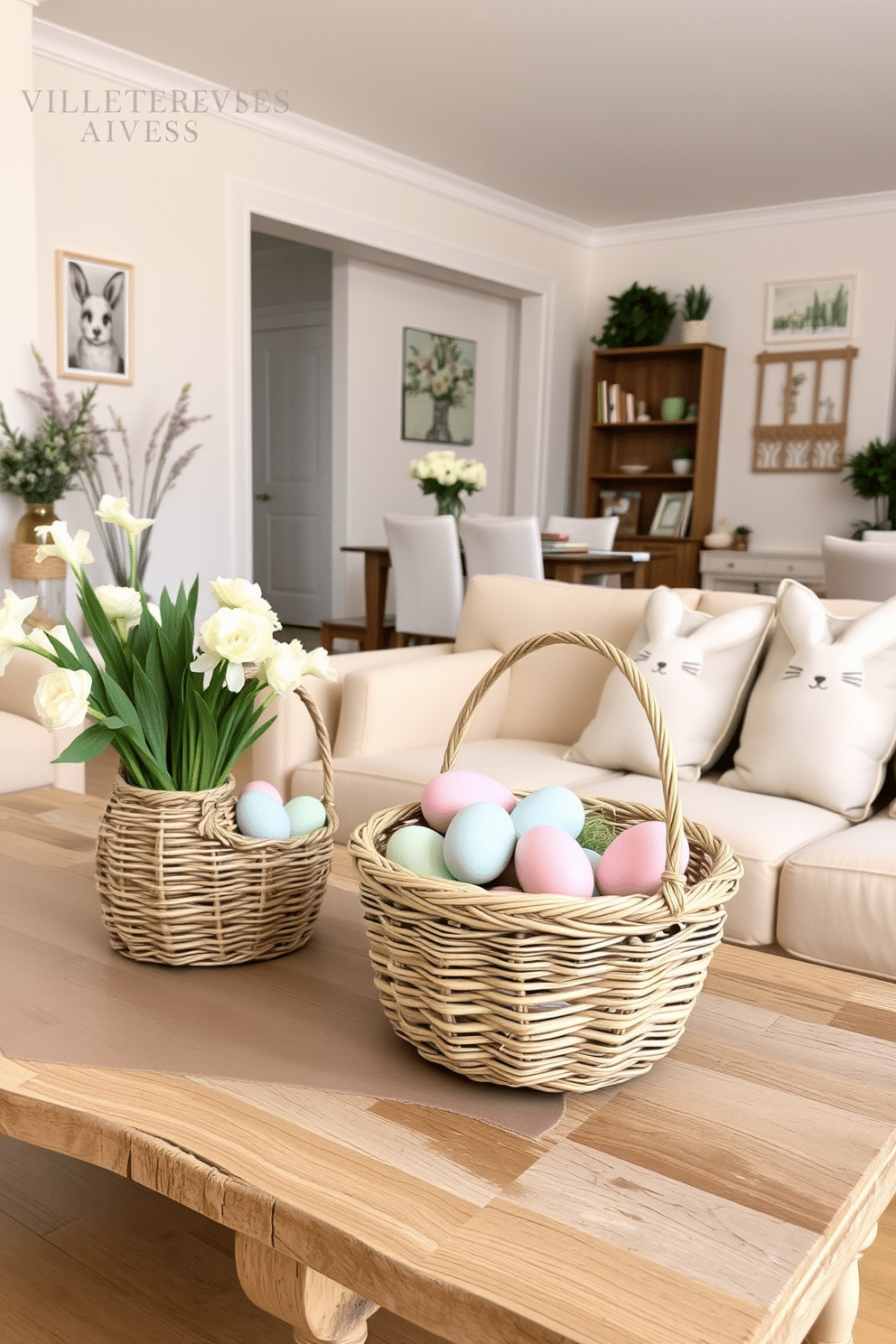 A cozy living room adorned with decorative baskets filled with pastel-colored eggs. The baskets, woven from natural fibers, are placed on a rustic wooden coffee table and a soft beige sofa, adding a touch of Easter charm to the space. An inviting apartment decorated for Easter, featuring a light and airy color palette with soft pastels and fresh flowers. The dining area showcases a centerpiece of a wicker basket filled with painted eggs, while the living room is accented with bunny-shaped cushions and spring-themed wall art.