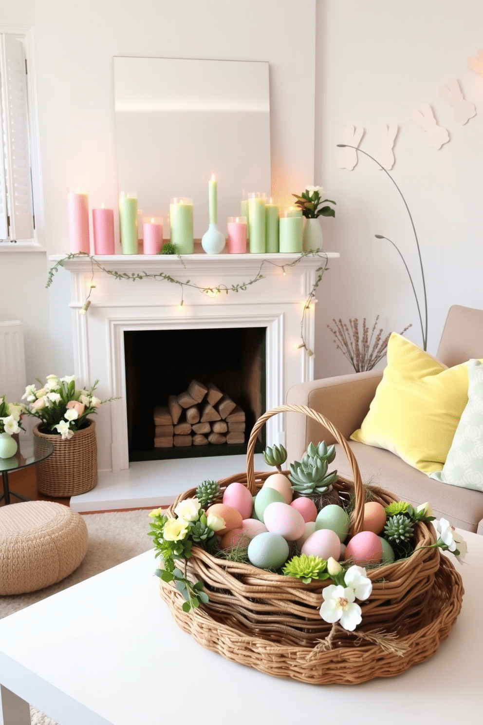 Candles in pastel colors on mantel: A cozy living room with a white fireplace mantel adorned with pastel-colored candles in varying heights and shapes. Soft pink, mint green, and baby blue candles are interspersed with small potted succulents and delicate fairy lights, creating a serene and inviting ambiance. Apartment Easter Decorating Ideas: A modern apartment living room decorated for Easter with a light, airy feel. The coffee table features a centerpiece of pastel-colored eggs in a woven basket, surrounded by fresh spring flowers, while the sofa is adorned with cushions in soft shades of yellow, pink, and green, and a garland of paper bunnies hangs across the window.