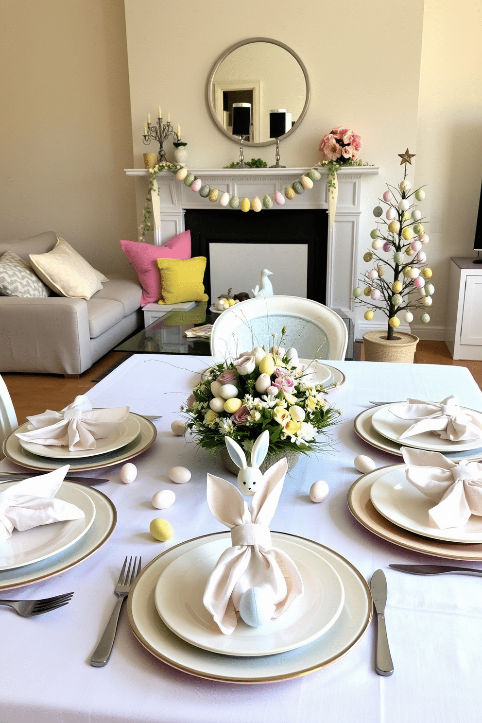 A charming table setting for Easter. The table is adorned with a crisp white tablecloth, and each place setting features a bunny-shaped napkin artfully folded atop pastel-colored plates. In the center, a floral centerpiece with spring blooms adds a touch of freshness, while small decorative eggs are scattered around for a festive touch. Festive apartment Easter decorating ideas. The living room is brightened with pastel-colored throw pillows and a garland of Easter eggs draped across the mantel. A small Easter tree stands in the corner, adorned with miniature ornaments and lights, while the coffee table showcases a whimsical bunny figurine surrounded by fresh flowers.