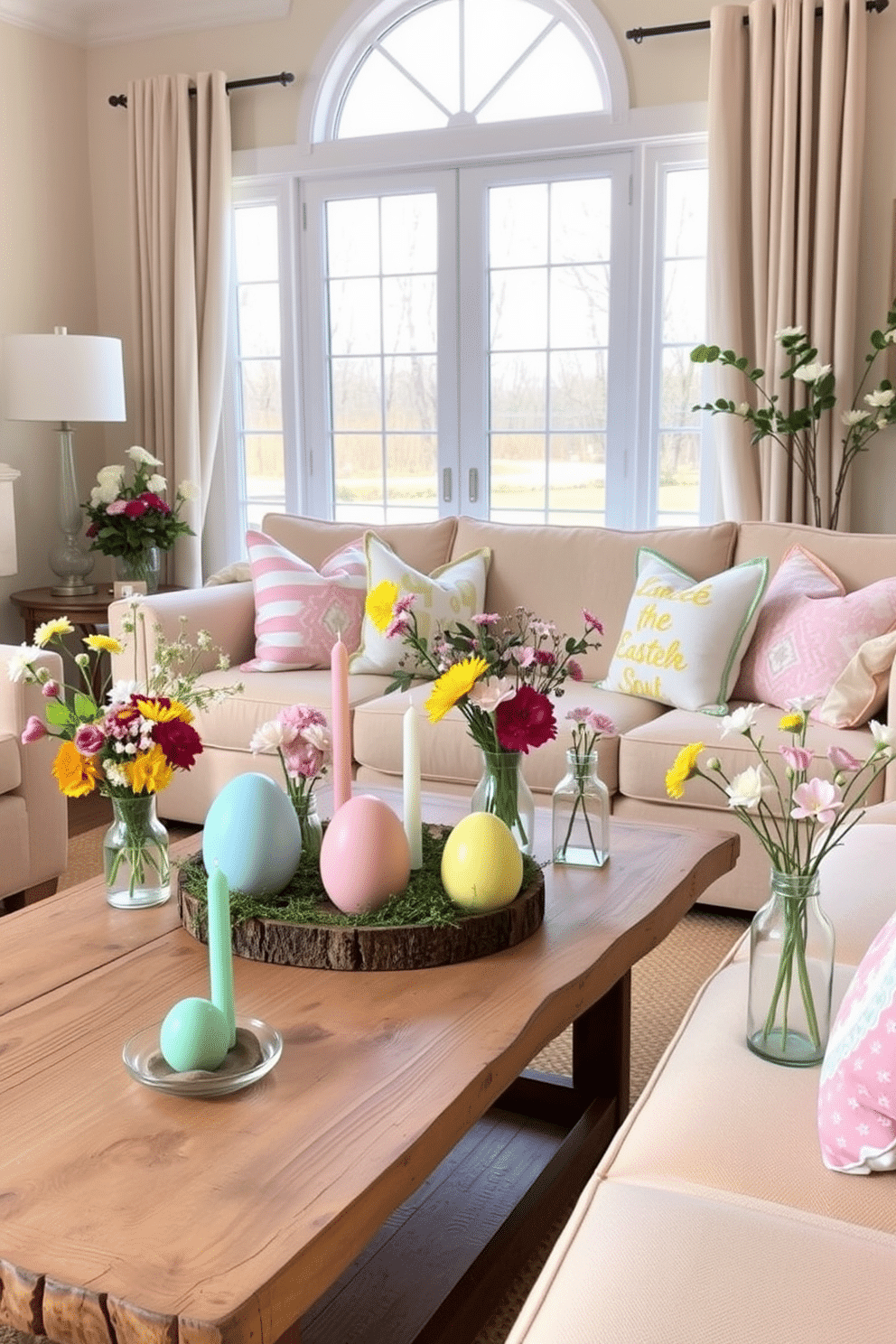 A cozy living room designed for Easter celebrations. Egg-shaped candle holders in pastel colors are placed on a rustic wooden coffee table, surrounded by a variety of spring flowers in glass vases. The room features a soft beige sofa adorned with colorful throw pillows that match the Easter theme. A large window allows natural light to flood the space, highlighting the delicate decorations and creating a warm, inviting atmosphere.