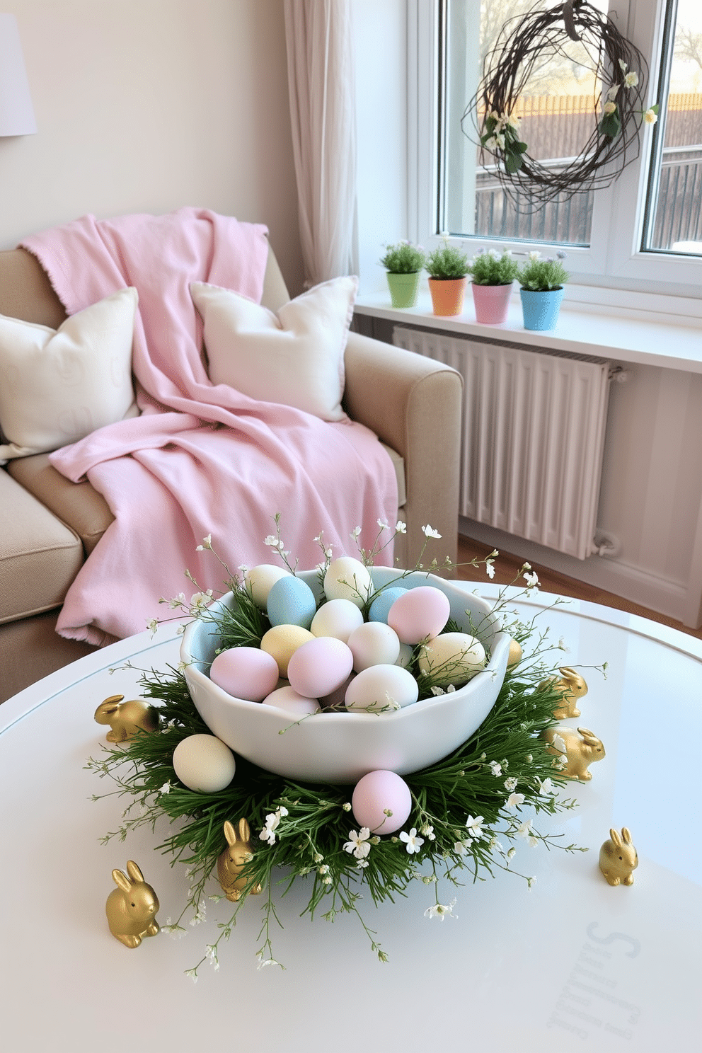 An elegant Easter-themed centerpiece for a coffee table. At the center, a pastel-colored ceramic bowl is filled with painted eggs in soft shades of pink, blue, and yellow. Surrounding the bowl, sprigs of fresh greenery and delicate white flowers create a lush base. Scattered around the centerpiece are small, golden bunny figurines, adding a touch of whimsy and charm. Charming Easter decorating ideas for an apartment. In the living room, a light pink throw blanket is draped over the back of a sofa, paired with cushions featuring bunny and egg patterns. On the windowsill, a row of potted spring flowers in pastel-colored pots adds a fresh, seasonal touch. By the door, a simple wreath made of intertwined branches and adorned with small, colorful eggs welcomes guests with festive cheer.