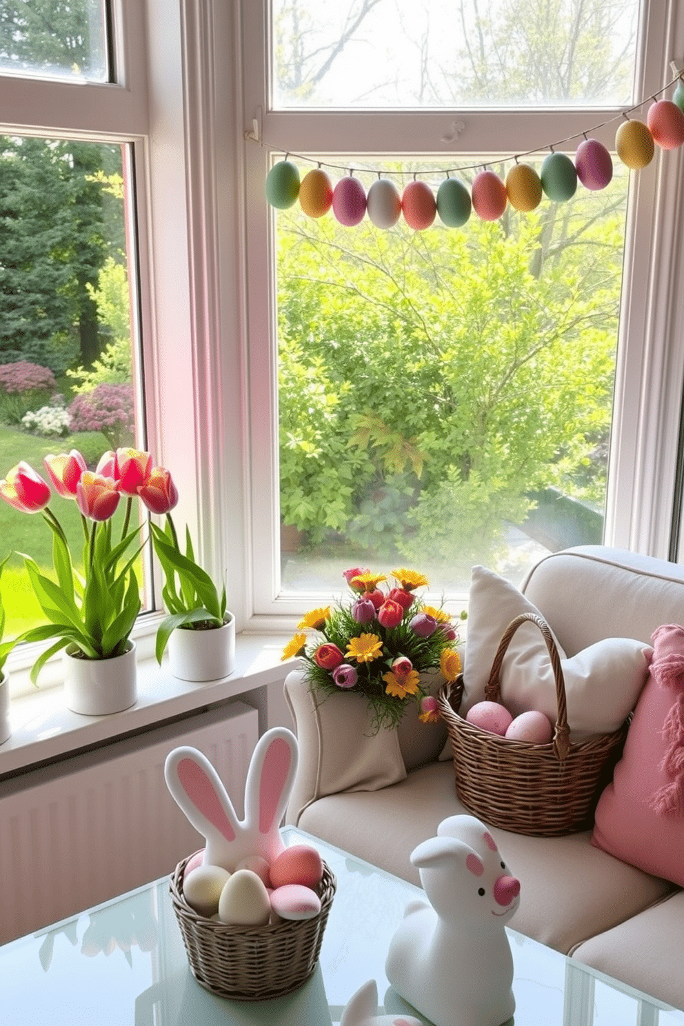 Potted tulips on windowsills. Brightly colored tulips in ceramic pots line the windowsills of a sunlit room, their vibrant petals adding a splash of color against the white window frames. The windows overlook a lush garden, and the natural light enhances the tulips' hues, creating a cheerful and inviting atmosphere. Apartment Easter Decorating Ideas. A cozy apartment living room is adorned with pastel-colored decorations, including a garland of Easter eggs hanging above the fireplace and a centerpiece of fresh spring flowers on the coffee table. Soft, bunny-shaped cushions are placed on the sofa, and a basket filled with painted eggs sits by the window, adding a festive touch to the space.