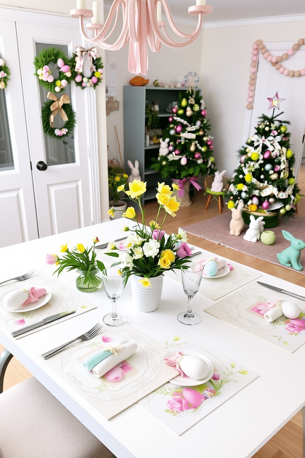 A dining table set with festive placemats featuring intricate Easter designs. The placemats showcase pastel-colored eggs, bunnies, and floral patterns, complemented by elegant tableware and a centerpiece of fresh spring flowers. A cozy apartment adorned with charming Easter decorations. Vibrant wreaths with pastel eggs and ribbons hang on the doors, while the living room features a mix of bunny figurines, colorful egg garlands, and a beautifully decorated Easter tree.