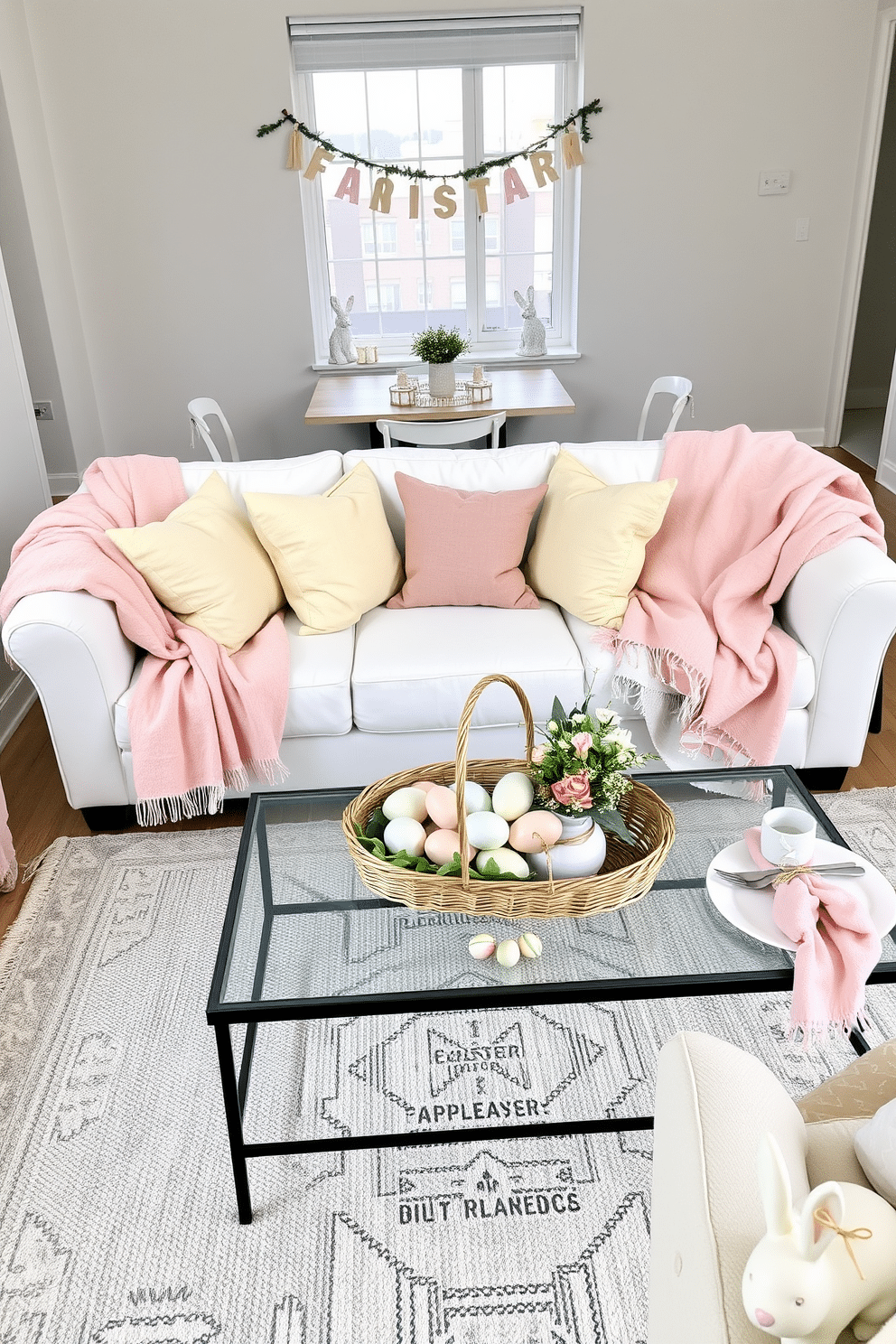 Seasonal throw blankets in light colors. In a cozy living room, a plush white sofa is adorned with pastel-colored throw blankets in shades of blush pink, light blue, and soft yellow. The blankets are draped casually over the arms and back of the sofa, creating a welcoming and comfortable atmosphere. A matching set of light-colored cushions complements the throws, adding texture and warmth to the space. A light grey area rug anchors the room, with a coffee table in the center displaying a few decorative items and a small potted plant. Apartment Easter Decorating Ideas. In a modern apartment living room, a neutral-toned sofa is accented with pastel-colored cushions and a soft, light pink throw blanket. On the coffee table, a centerpiece featuring a wicker basket filled with colorful Easter eggs and fresh flowers adds a festive touch. The dining area nearby showcases a simple yet elegant tablescape with white dinnerware, gold flatware, and napkins tied with pastel-colored ribbons. A small Easter-themed garland hangs from the window, and a few decorative bunny figurines are placed strategically around the room to enhance the holiday spirit.