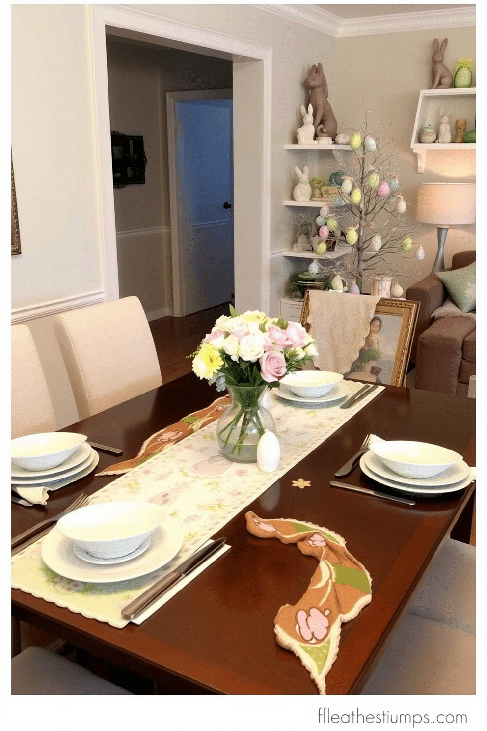 An Easter-themed table runner adorns the dining table, featuring pastel colors and intricate patterns of bunnies, eggs, and flowers. The table is set with matching pastel-colored plates and napkins, complemented by a centerpiece of fresh spring flowers in a clear vase. In a cozy apartment, Easter decorations bring a festive touch with soft pastel hues and charming accents. A small Easter tree stands in the corner, adorned with miniature eggs and ribbons, while the living room shelves display a collection of ceramic bunnies and colorful egg ornaments.