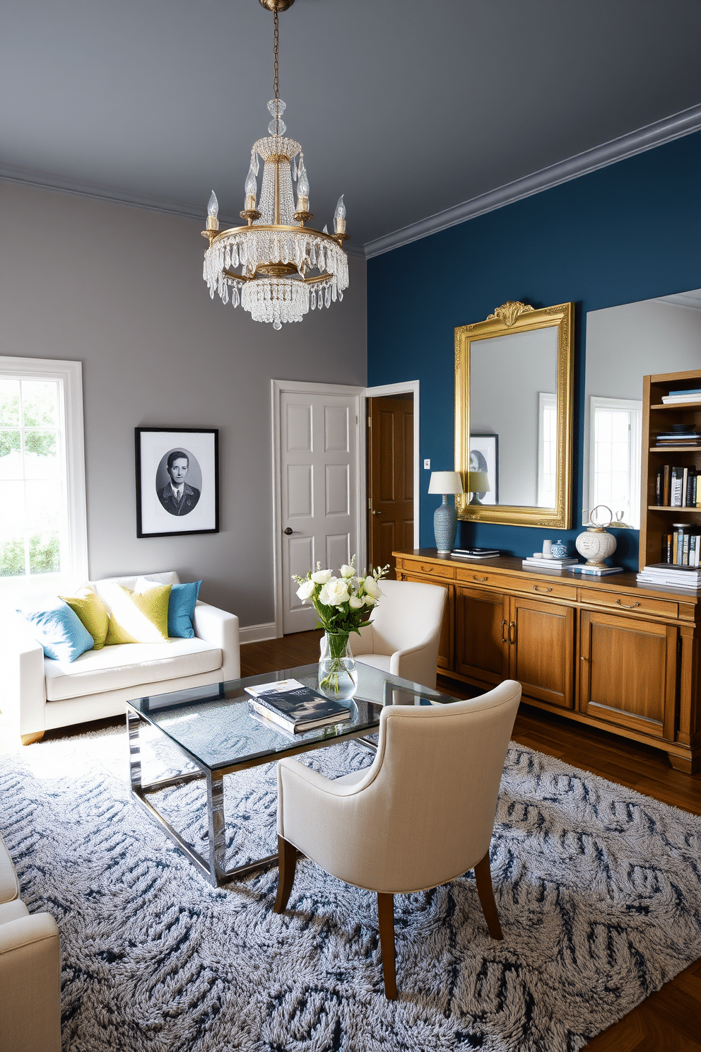 A cozy living room with a modern twist. The walls are painted in a soft grey, with a large window allowing natural light to flood the space. A sleek, white sofa sits against one wall, adorned with colorful throw pillows in shades of blue and green. A glass coffee table with a chrome frame stands in front of the sofa, topped with a few stylish magazines and a small potted plant. To the right of the sofa, a wooden bookshelf filled with books and decorative items adds warmth to the space. A plush, grey rug covers the floor, completing the inviting atmosphere. An elegant dining room with a touch of rustic charm. The centerpiece is a large, wooden dining table with a natural finish, surrounded by upholstered chairs in a soft beige fabric. Above the table hangs a stunning chandelier with crystal accents, casting a warm glow over the room. A sideboard against one wall holds a collection of fine china and glassware, with a large mirror above it reflecting the light. The walls are painted in a rich, deep blue, creating a dramatic backdrop for the space. A vase of fresh flowers sits in the center of the table, adding a pop of color and life to the room.