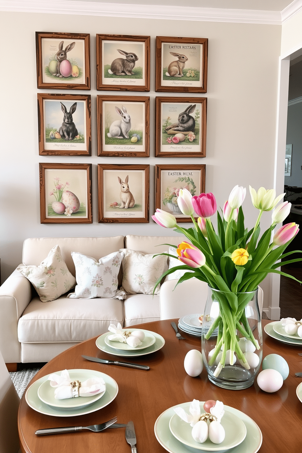 A cozy living room adorned with vintage Easter postcards framed in rustic wooden frames. The postcards, showcasing pastel-colored Easter eggs, bunnies, and spring flowers, are arranged in a gallery wall above a soft beige sofa with floral throw pillows. A modern apartment brimming with Easter cheer, featuring a mix of contemporary and traditional decor. The dining table is set with pastel-colored plates and bunny-shaped napkin rings, while a large glass vase filled with fresh tulips and Easter eggs serves as the centerpiece.