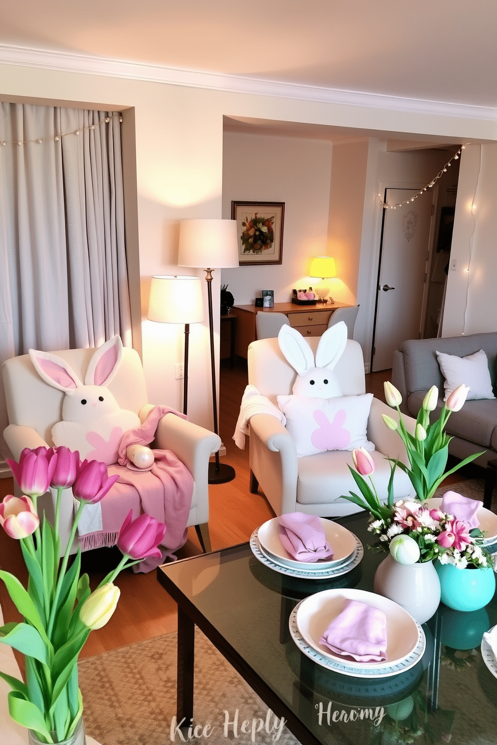 A cozy living room decorated for Easter. Bunny-shaped pillows adorn the chairs, adding a whimsical touch, while pastel-colored throw blankets drape over the sofa. Soft lighting from a floor lamp creates a warm ambiance, and a vase with fresh tulips sits on the coffee table, enhancing the festive atmosphere. A stylish apartment ready for Easter celebrations. The living area features bunny-shaped pillows on the chairs, and the walls are adorned with delicate Easter-themed garlands. The dining table is set with pastel-colored plates and napkins, and a centerpiece of Easter eggs and flowers completes the look.