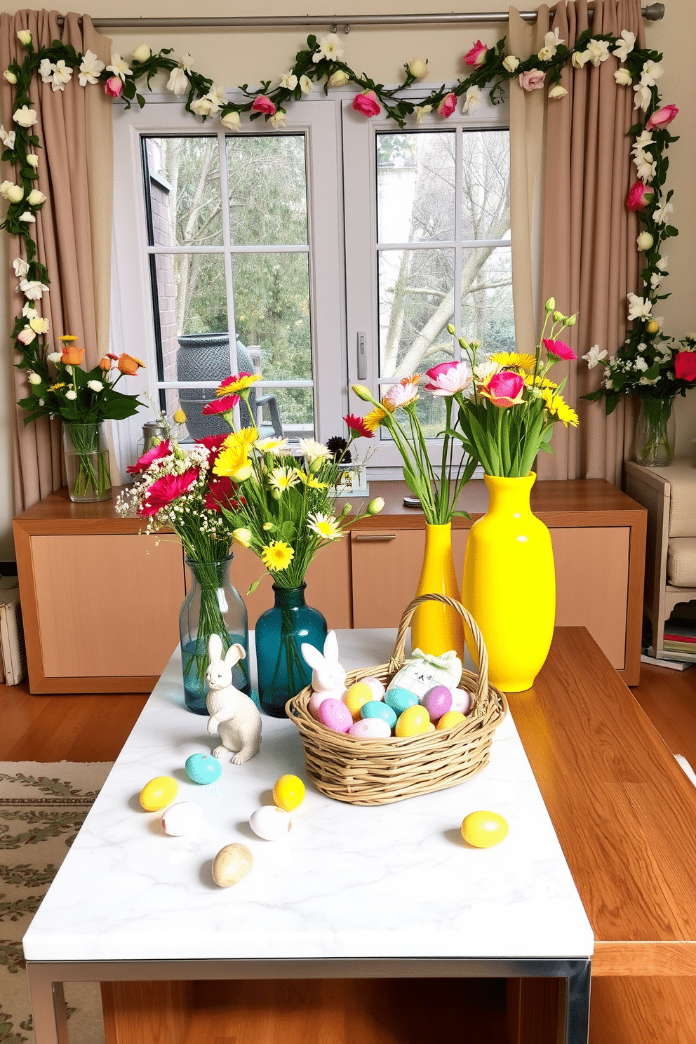 A collection of colorful vases filled with fresh flowers arranged on a wooden console table. The vases vary in size and shape, featuring vibrant hues of blue, yellow, and red, complementing the lush greenery of the flowers. Charming apartment Easter decorating ideas featuring pastel-colored eggs and bunny figurines scattered across a white marble coffee table. Delicate garlands of spring flowers drape over the windows, while a centerpiece of a wicker basket filled with decorated eggs sits on the dining table.