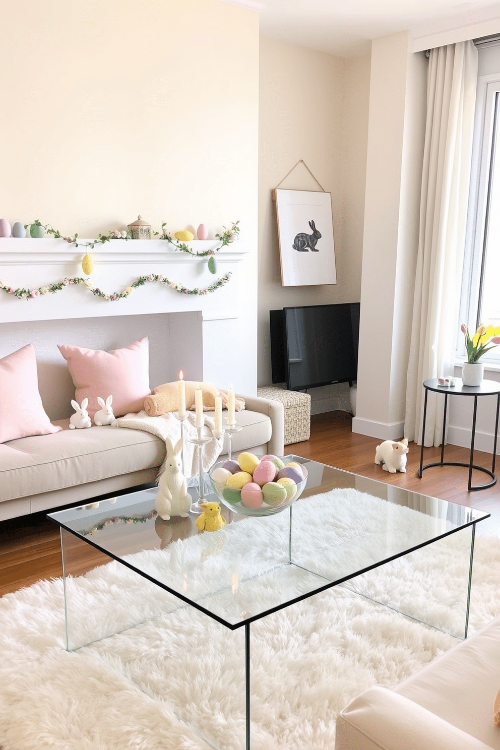 A cozy living room with a white mantel adorned with a vibrant Easter egg garland. The garland features pastel-colored eggs and delicate floral accents, adding a festive touch to the space. Below the mantel, a collection of decorative bunnies and spring-themed candles are arranged, enhancing the holiday ambiance. The walls are painted in a soft cream color, and a plush area rug in pastel hues covers the wooden floor. A modern apartment living room decorated for Easter with subtle yet charming touches. On a sleek glass coffee table, a bowl filled with colorful Easter eggs serves as a centerpiece. The sofa is adorned with pastel throw pillows and a light, floral-patterned throw blanket. Near the window, a small side table holds a vase with fresh tulips, bringing a touch of spring indoors.