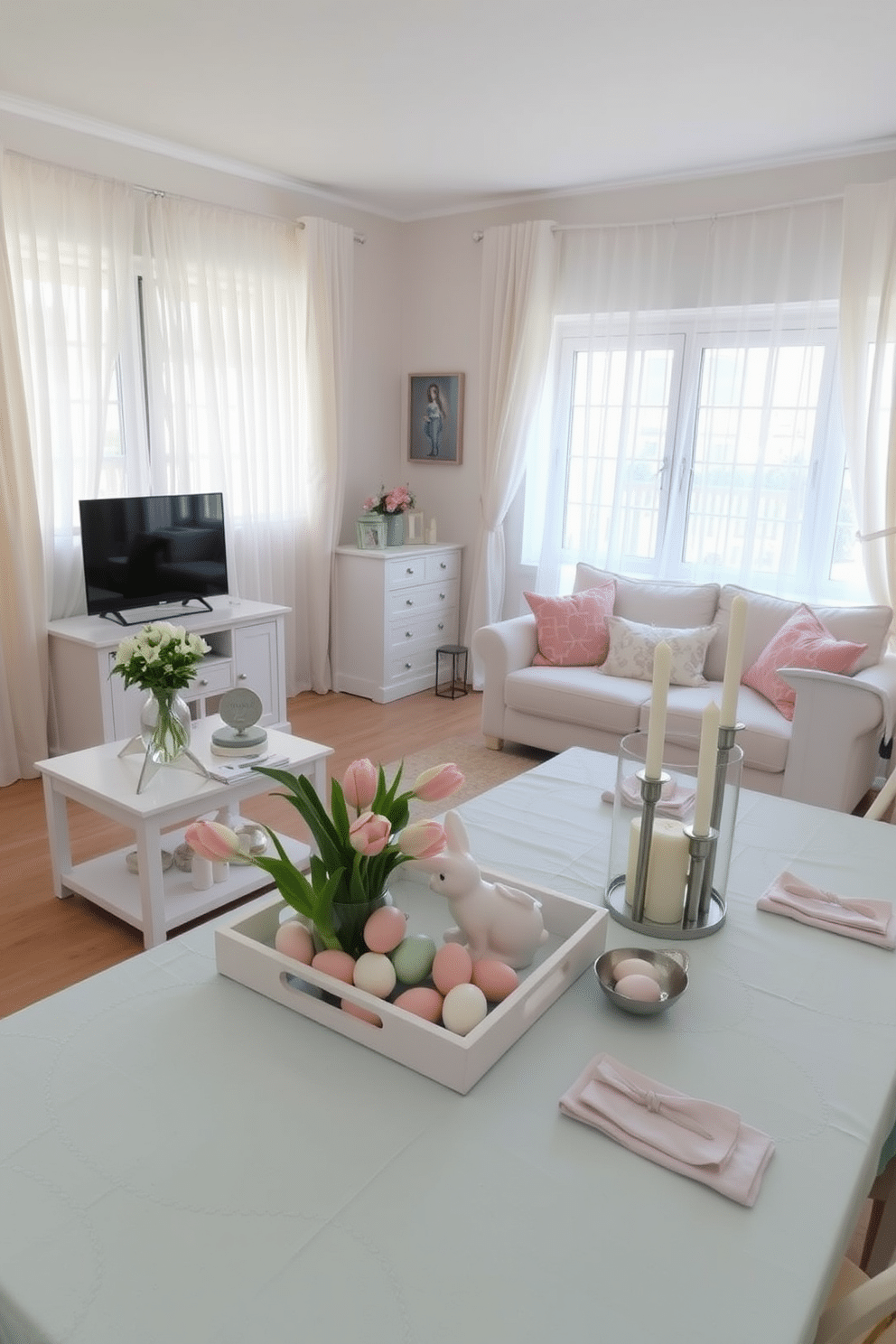 A cozy apartment decorated for Easter. The living room features a pastel color palette with light pink, lavender, and mint green accents. A white coffee table is adorned with a decorative tray holding a vase of fresh tulips, pastel-colored eggs, and a small ceramic bunny. The windows are dressed with sheer white curtains, allowing natural light to filter in, highlighting the festive decorations. The dining area showcases a table set with a light blue tablecloth, matching napkins, and a centerpiece of a decorative tray filled with spring flowers, chocolate eggs, and a few Easter-themed candles. The overall ambiance is cheerful and welcoming, perfect for celebrating the holiday.