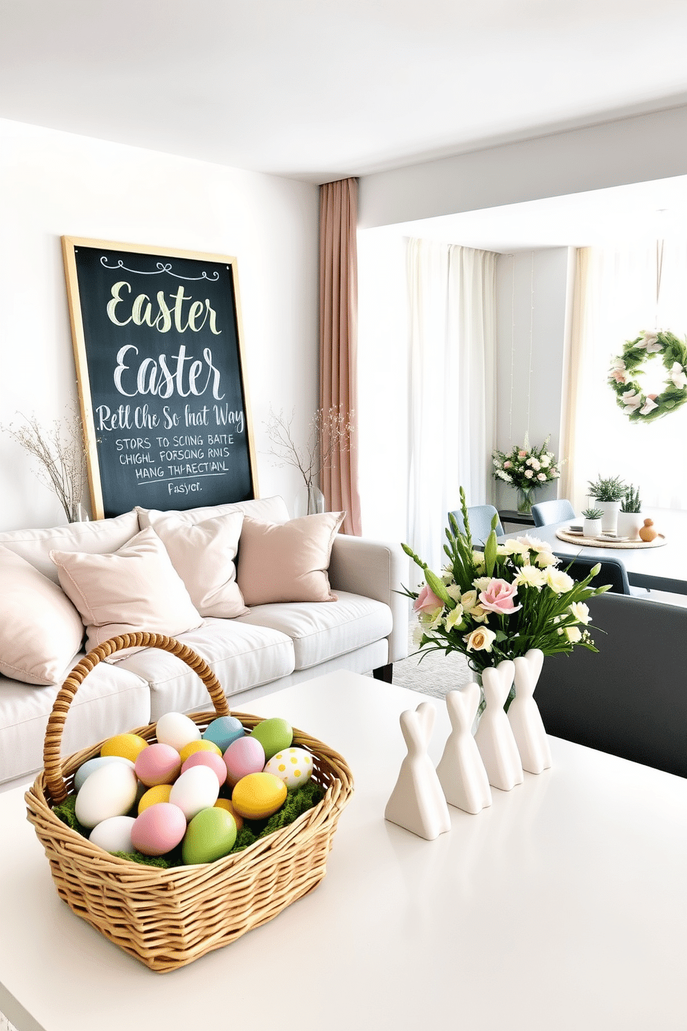 A cozy living room filled with Easter decorations. A large chalkboard stands against one wall, featuring colorful Easter greetings written in elegant, cursive letters with pastel chalk. The room is adorned with soft, pastel-colored cushions on a plush sofa, and a coffee table displays a beautiful arrangement of Easter-themed ornaments. A wicker basket filled with painted eggs sits beside a vase of fresh spring flowers, adding a festive touch to the space. A modern apartment showcasing stylish Easter decor. The living area features a minimalist design with light, airy colors and subtle Easter accents. A sleek dining table is set with a delicate Easter-themed centerpiece, including a mix of fresh flowers and decorative bunny figurines. The windows are adorned with sheer curtains, allowing natural light to enhance the festive atmosphere, while a few strategically placed Easter wreaths add a touch of seasonal charm.