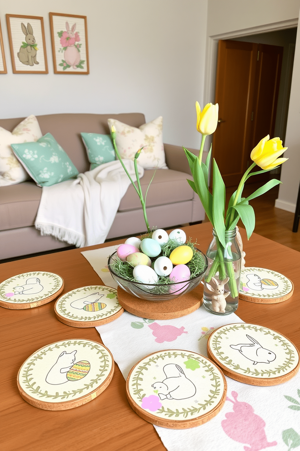 A set of Easter-themed coasters for a coffee table. The coasters are round, featuring pastel-colored backgrounds with intricate designs of Easter eggs, bunnies, and spring flowers. Each coaster has a different design, adding a playful and festive touch to the table setting. The coasters are made of cork, ensuring they are both decorative and functional, protecting the table from heat and moisture. Apartment Easter decorating ideas. The living room is adorned with a mix of pastel-colored throw pillows and a light, airy blanket draped over the sofa. A centerpiece on the coffee table features a decorative bowl filled with painted Easter eggs and faux grass. The dining area includes a table runner with an Easter motif, complemented by a vase of fresh tulips and small bunny figurines placed around the table.