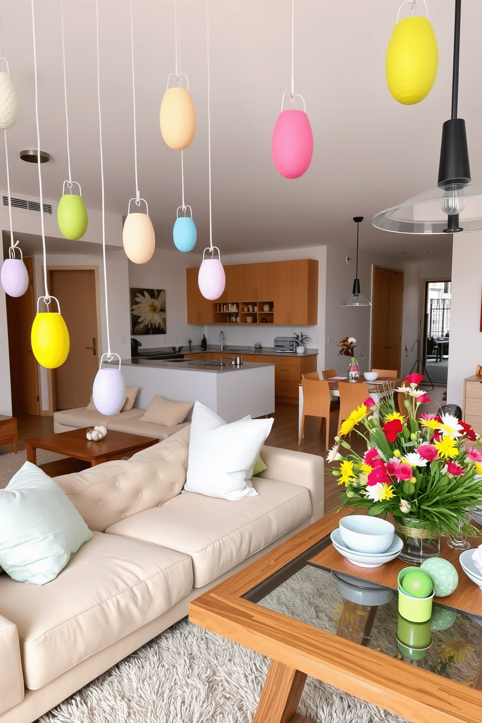 A cozy living room adorned with hanging egg ornaments from light fixtures. The room features a soft beige sofa with pastel-colored throw pillows, a wooden coffee table with a glass top, and a plush rug underfoot. An open-concept apartment decorated for Easter, with vibrant egg ornaments hanging from modern light fixtures. The space includes a dining area with a wooden table set for a festive meal, decorated with a colorful centerpiece of fresh flowers and Easter-themed tableware.