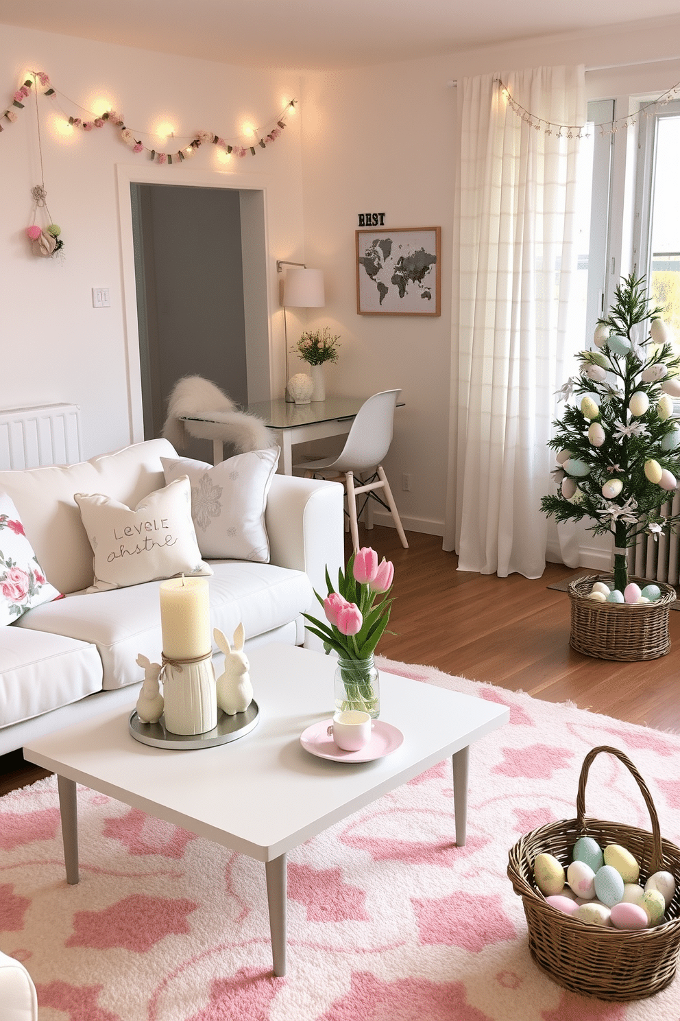 An inviting living room decorated for Easter. A pastel-colored rug anchors the space, with a white sofa adorned with floral and bunny-themed throw pillows. On the coffee table, a centerpiece of Easter-themed candles in the shapes of eggs and bunnies emits seasonal scents of lavender and vanilla. The walls are decorated with garlands of faux flowers and pastel-colored paper eggs, creating a festive atmosphere. A cozy apartment ready for Easter celebrations. The dining area features a table set with pastel-colored plates, bunny-shaped napkin rings, and a vase of fresh tulips. Above the table, a string of Easter egg lights adds a whimsical touch. The living room showcases a small Easter tree decorated with miniature eggs and ribbons, while a basket filled with colorful eggs sits by the window, inviting a playful and joyful mood.