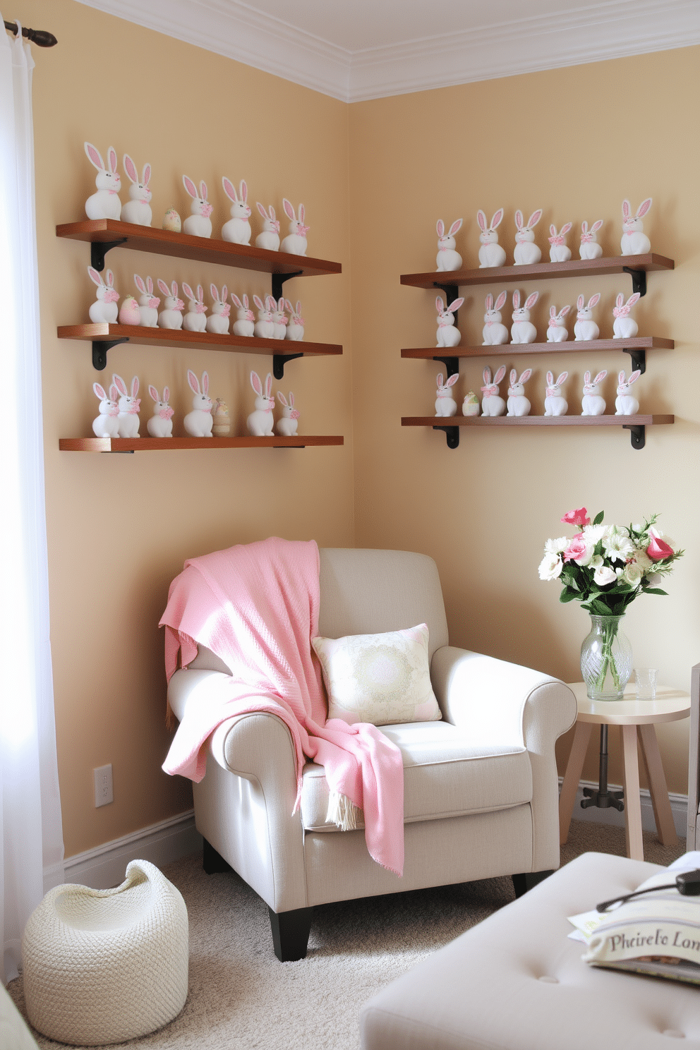 A cozy living room decorated for Easter. Shelves along one wall hold an array of decorative bunny figurines, each uniquely painted in pastel colors and adorned with tiny bows and flowers. In the corner, a plush armchair is draped with a pastel-colored throw blanket, and a small side table beside it holds a vase of fresh spring flowers. The walls are painted a soft, warm beige, creating a welcoming atmosphere perfect for the holiday.