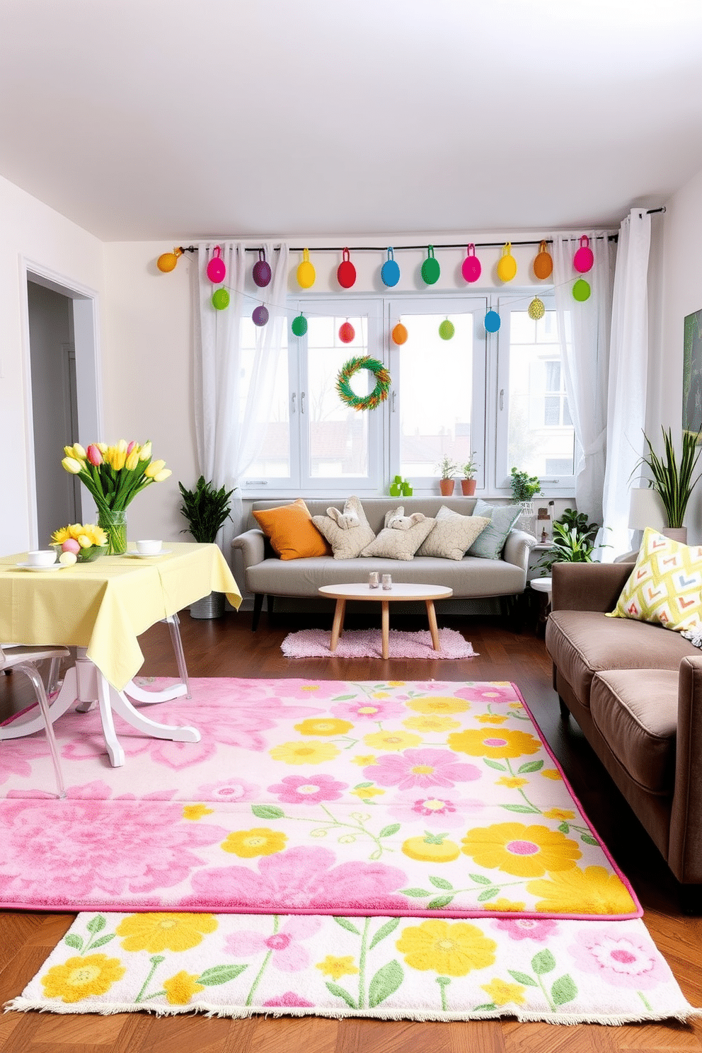 A cozy living room with layered rugs in vibrant spring colors. The base rug is a soft pastel pink, while the top rug features a lively floral pattern in shades of yellow, green, and blue, adding a fresh and cheerful ambiance to the space. An inviting apartment decorated for Easter with charming details. The dining table is adorned with a pastel tablecloth, decorated eggs, and a centerpiece of fresh tulips, while the living area features bunny-shaped cushions and a garland of colorful paper eggs hanging above the windows.