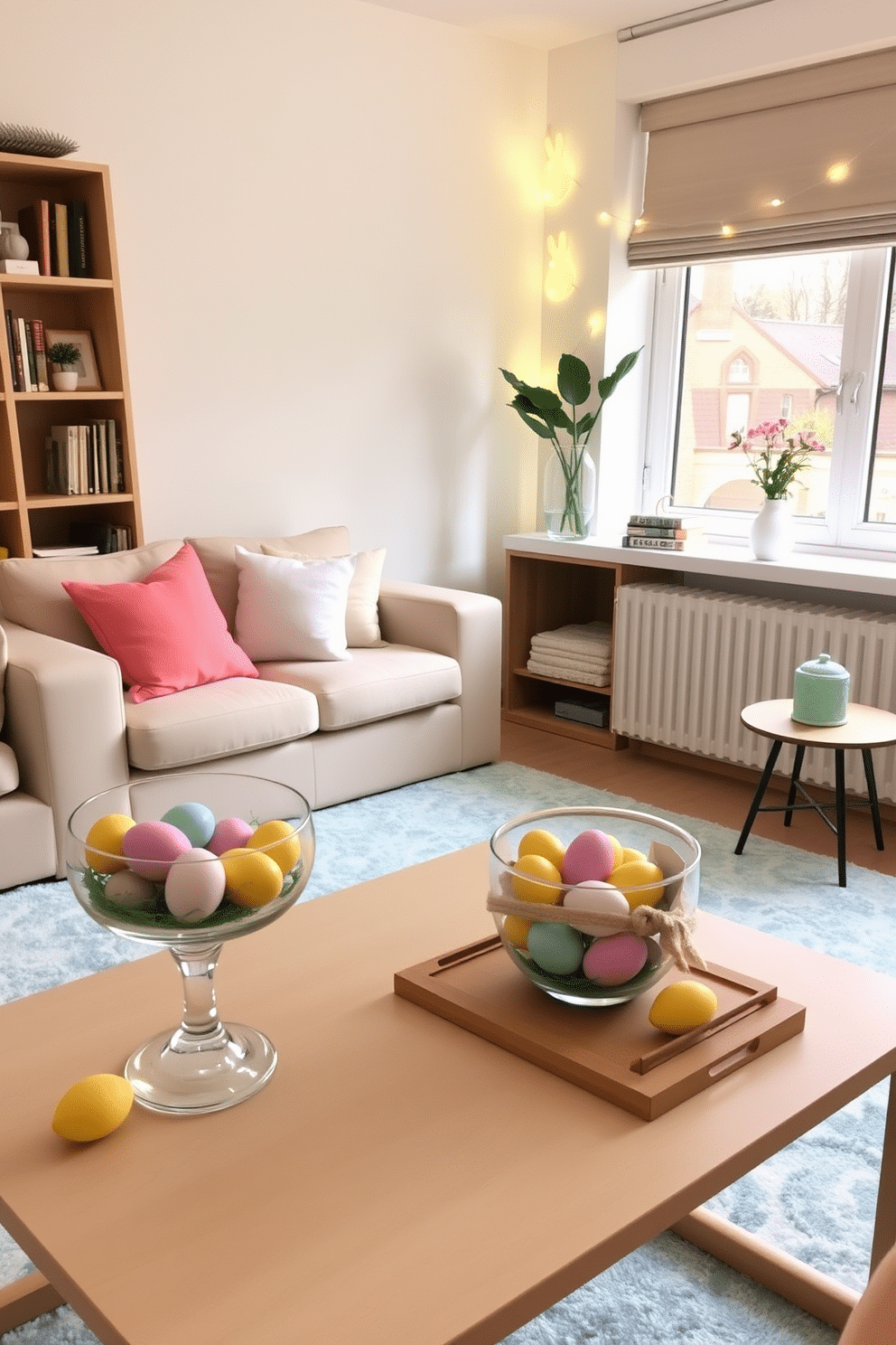 A cozy apartment living room decorated for Easter. There are colorful Easter eggs in glass bowls placed on the coffee table and side tables, adding a festive touch. The room features a soft beige sofa with pastel-colored throw pillows, and a light blue area rug underfoot. A vase with fresh spring flowers sits on the windowsill, and a string of bunny-shaped fairy lights is draped across the bookshelf.