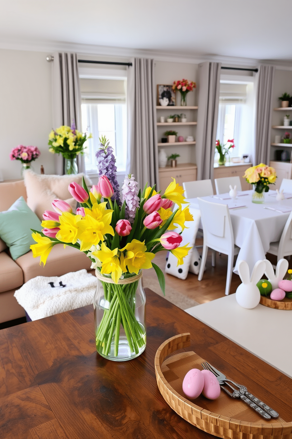 A cozy living room adorned with vibrant floral arrangements. A bouquet of tulips, daffodils, and hyacinths in a clear glass vase sits on a rustic wooden coffee table, while smaller vases with similar spring flowers are placed on the windowsills and shelves. A modern apartment decorated for Easter with subtle festive touches. Pastel-colored cushions and throws adorn the sofa, while the dining table is set with a white tablecloth, decorated with bunny-shaped napkin rings, and a centerpiece featuring a mix of painted eggs and fresh flowers in soft hues.