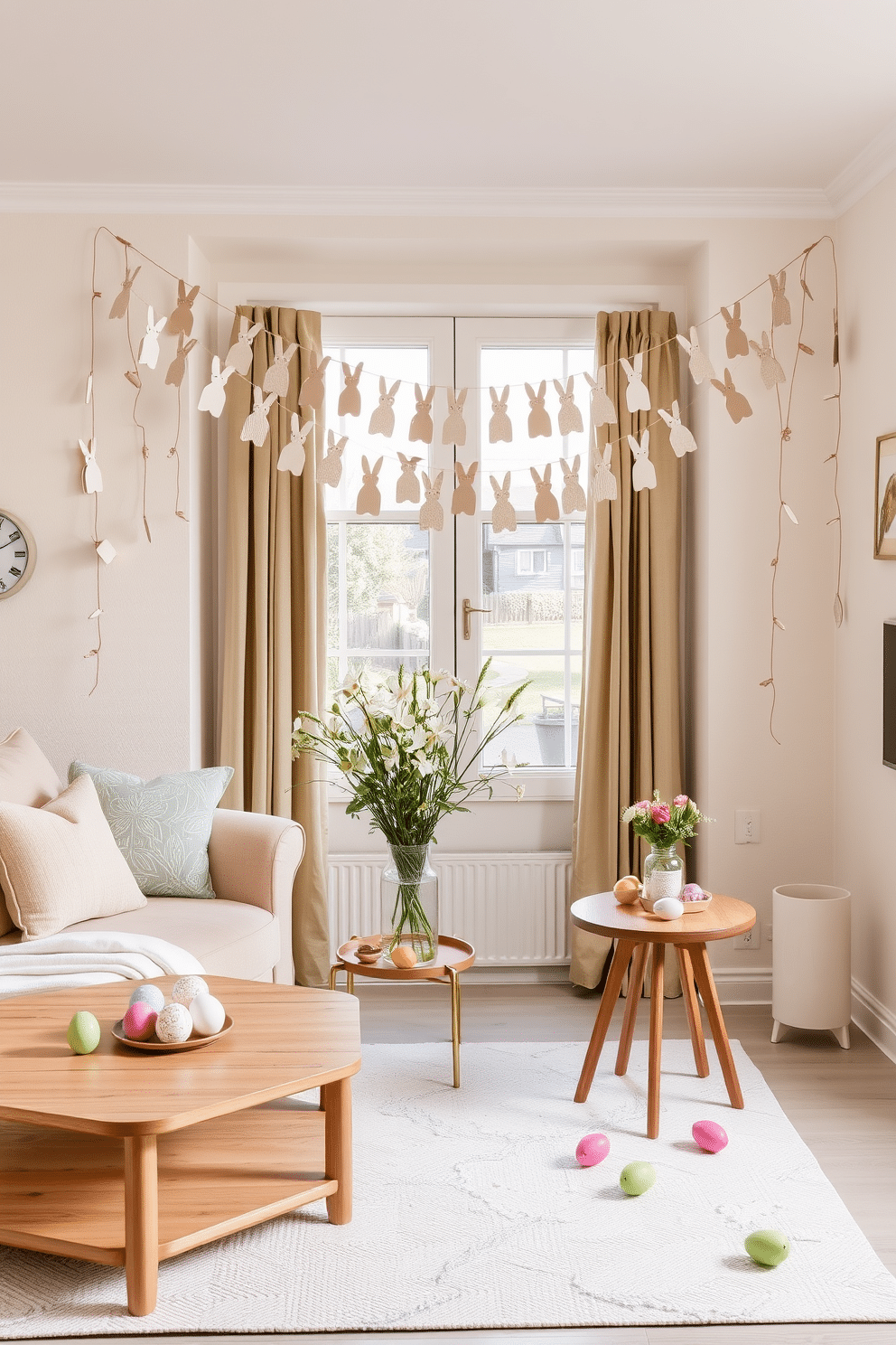 A cozy living room with hanging garlands of paper bunnies draped across a large window. The walls are painted in a soft pastel color, and the furniture consists of a comfortable beige sofa and a wooden coffee table adorned with Easter-themed decorations. In the corner, a small round table holds a vase filled with fresh spring flowers, adding a touch of nature to the space. The floor is covered with a light-colored rug, and a few colorful Easter eggs are scattered around, creating a festive atmosphere.