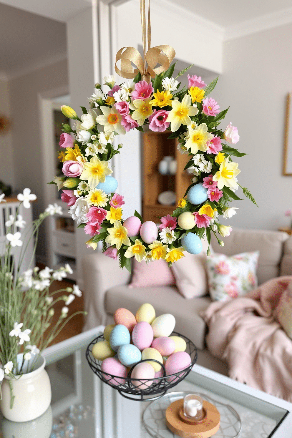 A festive Easter wreath made of faux flowers and pastel-colored eggs hangs on the front door. The wreath features a mix of vibrant spring blooms, including tulips, daffodils, and daisies, interspersed with delicately painted eggs in soft shades of pink, blue, and yellow. In the living room, a cozy apartment is adorned with Easter decorations. The coffee table is set with a decorative bowl filled with colorful eggs, while the sofa is accented with pastel throw pillows and a soft, floral-patterned blanket.