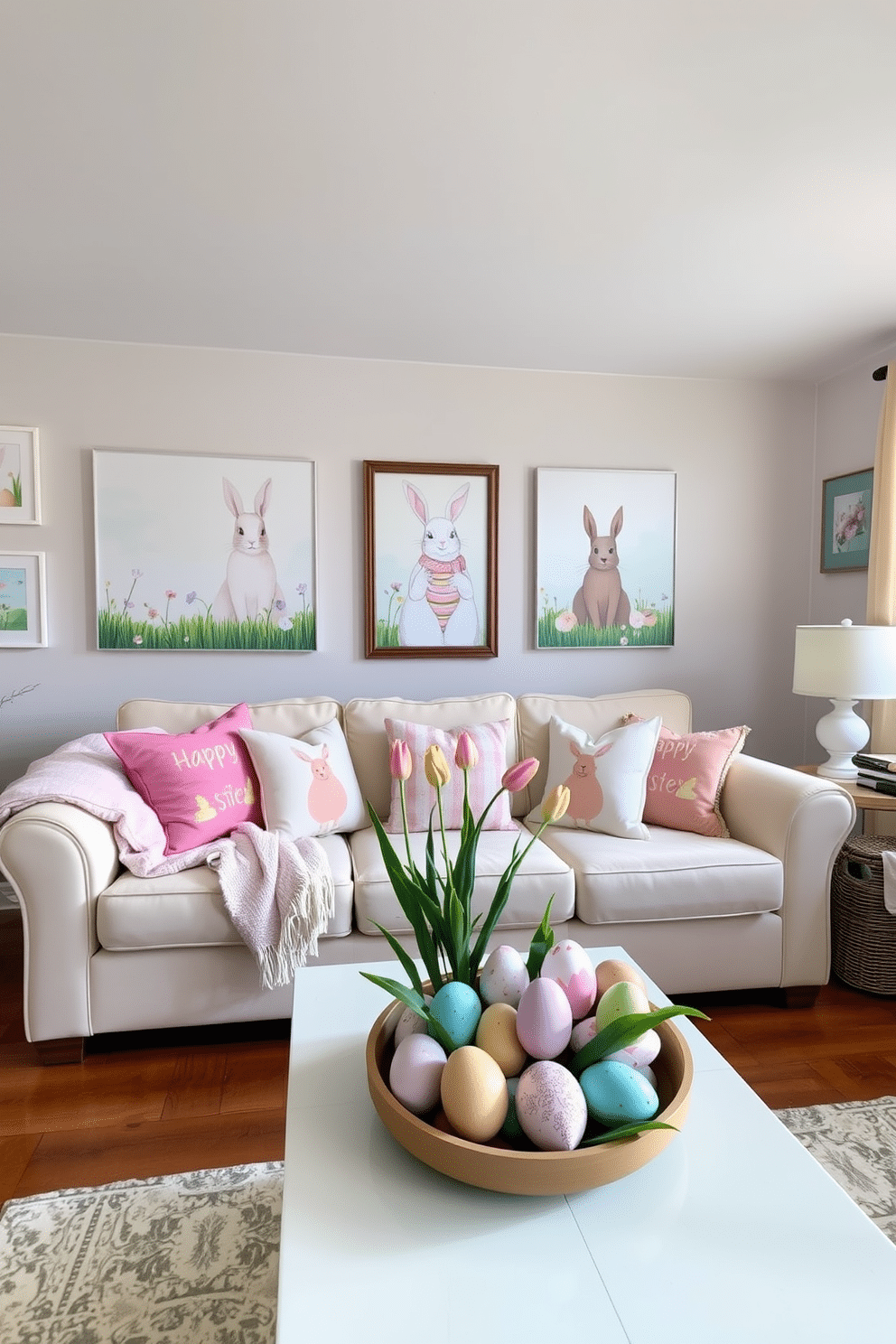 A cozy living room designed for Easter celebrations. The walls are adorned with pastel-colored artwork featuring bunnies, eggs, and spring flowers, creating a festive ambiance. A comfortable cream-colored sofa is decorated with vibrant Easter-themed cushions and a soft, pastel throw blanket. On the coffee table, a centerpiece of painted eggs and fresh tulips adds a touch of seasonal charm. The room is illuminated by a large window, allowing natural light to enhance the cheerful decorations and the overall warm atmosphere.