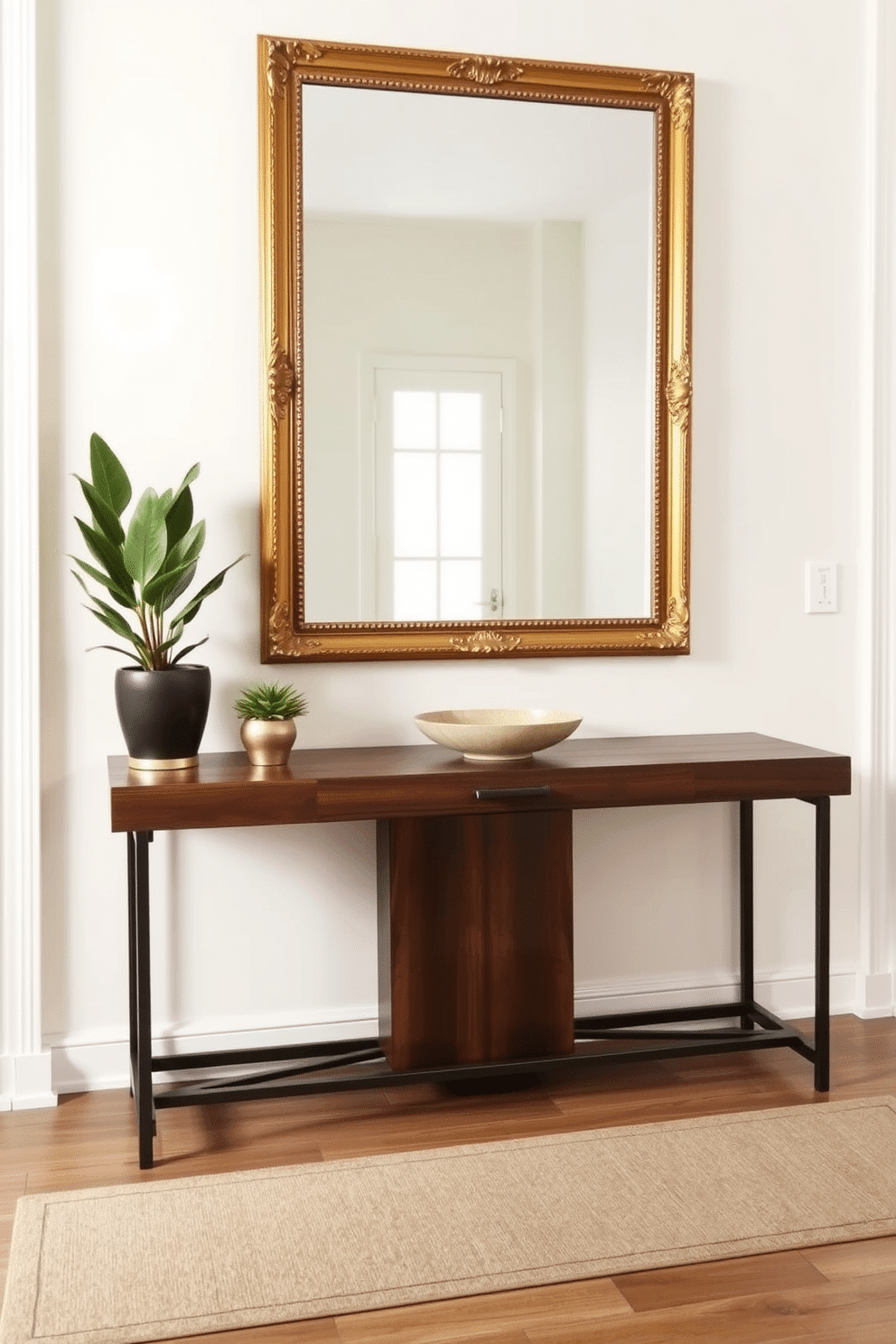 A stylish console table is positioned against the wall, featuring a sleek design with a rich walnut finish. Above it, a large decorative mirror with an ornate gold frame reflects the light, enhancing the entryway's brightness and elegance. To the side of the console table, a small potted plant adds a touch of greenery, while a decorative bowl sits atop the table, perfect for keys and small items. The walls are painted in a soft cream color, and a chic runner rug in muted tones lies beneath the console, inviting guests into the space.