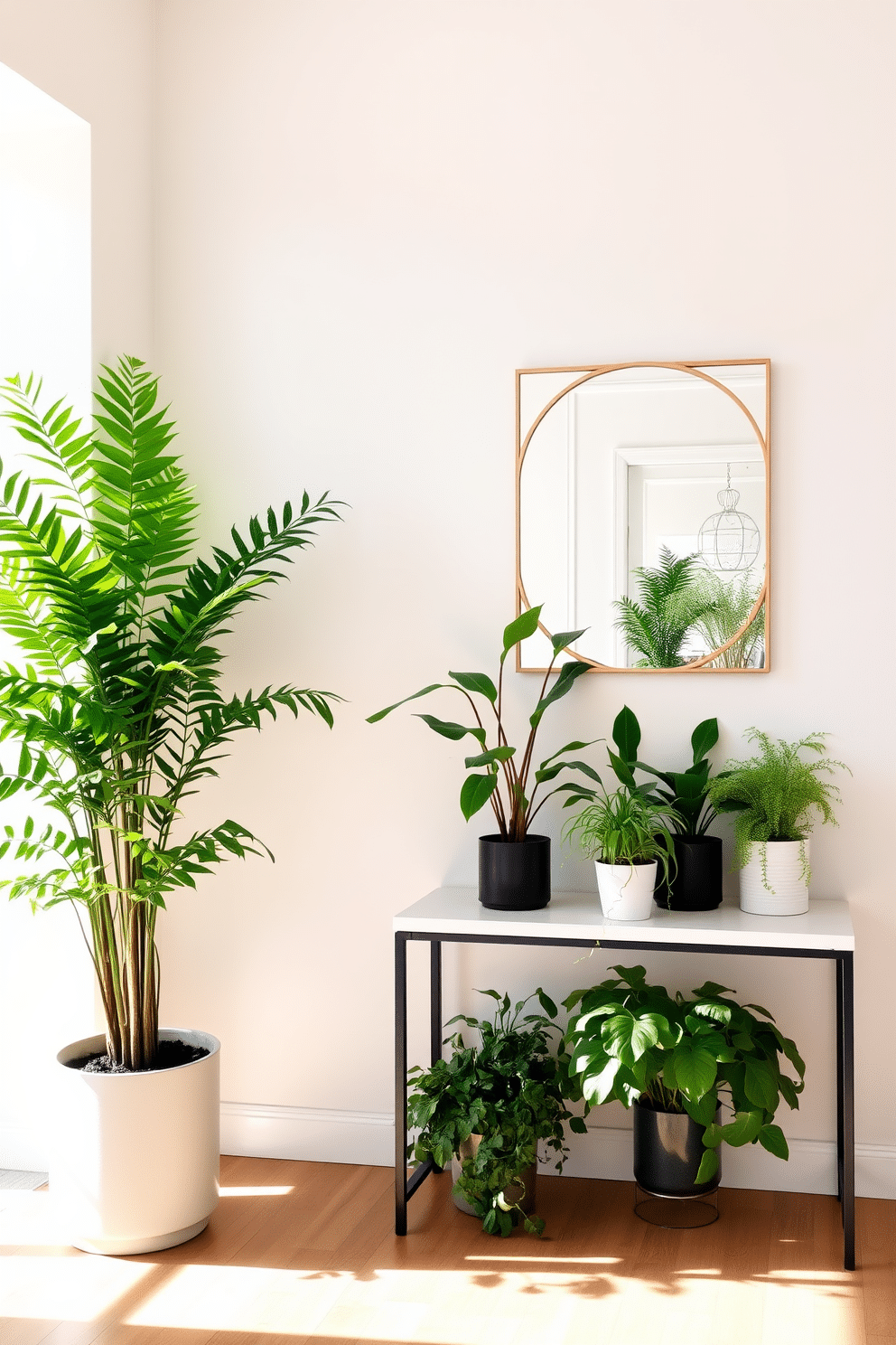 A bright and airy apartment entryway filled with lush greenery. A tall potted fern stands in one corner, while smaller plants are arranged on a sleek console table against the wall. The walls are painted in a soft, neutral tone, complementing the natural wood flooring. A decorative mirror with a minimalist frame hangs above the console, reflecting the vibrant plants and creating an inviting atmosphere.