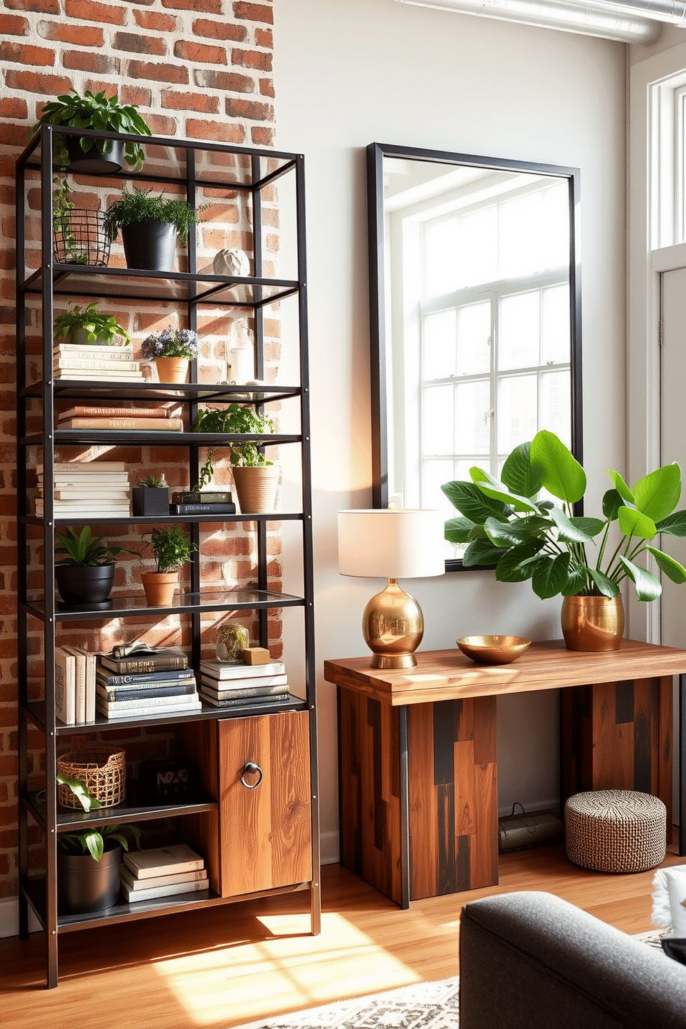 A striking industrial-style metal shelving unit stands against a brick wall, showcasing an array of plants, books, and decorative items. The unit features a mix of open and closed storage, with warm wooden accents that soften the raw metal finish. The apartment entryway is designed with a sleek console table made of reclaimed wood, topped with a stylish lamp and a decorative bowl. A large mirror hangs above the table, reflecting the natural light that pours in through the nearby window, creating an inviting atmosphere.