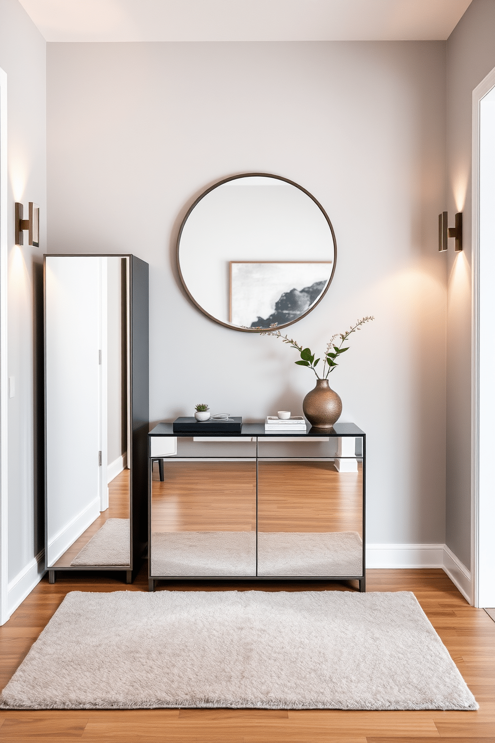 A chic apartment entryway features a mirrored cabinet that reflects light and enhances the sense of space. The cabinet is flanked by stylish wall sconces, casting a warm glow on the soft gray walls adorned with abstract art. A plush area rug in muted tones welcomes guests, while a sleek console table holds decorative items and a small potted plant. Above the table, a large round mirror creates a focal point, adding depth and elegance to the entryway.