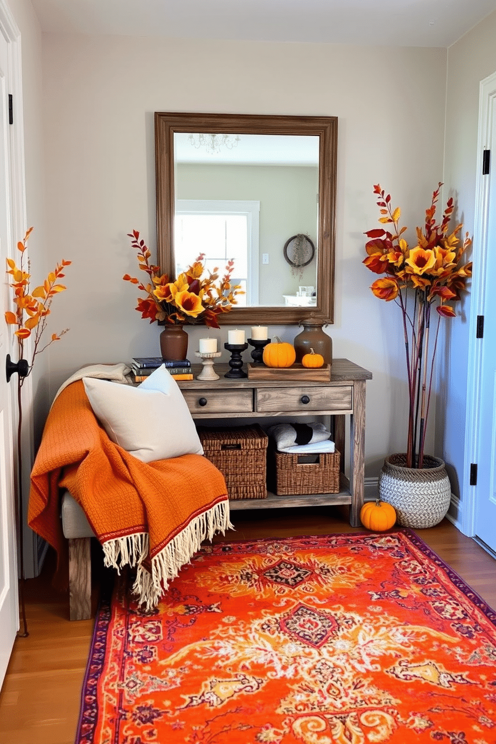 Seasonal decor adds warmth and character to an apartment entryway, creating a welcoming atmosphere. Imagine a cozy space adorned with autumn leaves, soft blankets, and a rustic bench for seating. Incorporate a stylish console table, topped with seasonal accents like candles and small pumpkins. A large mirror above the table reflects natural light, while a vibrant rug anchors the area with color and texture.