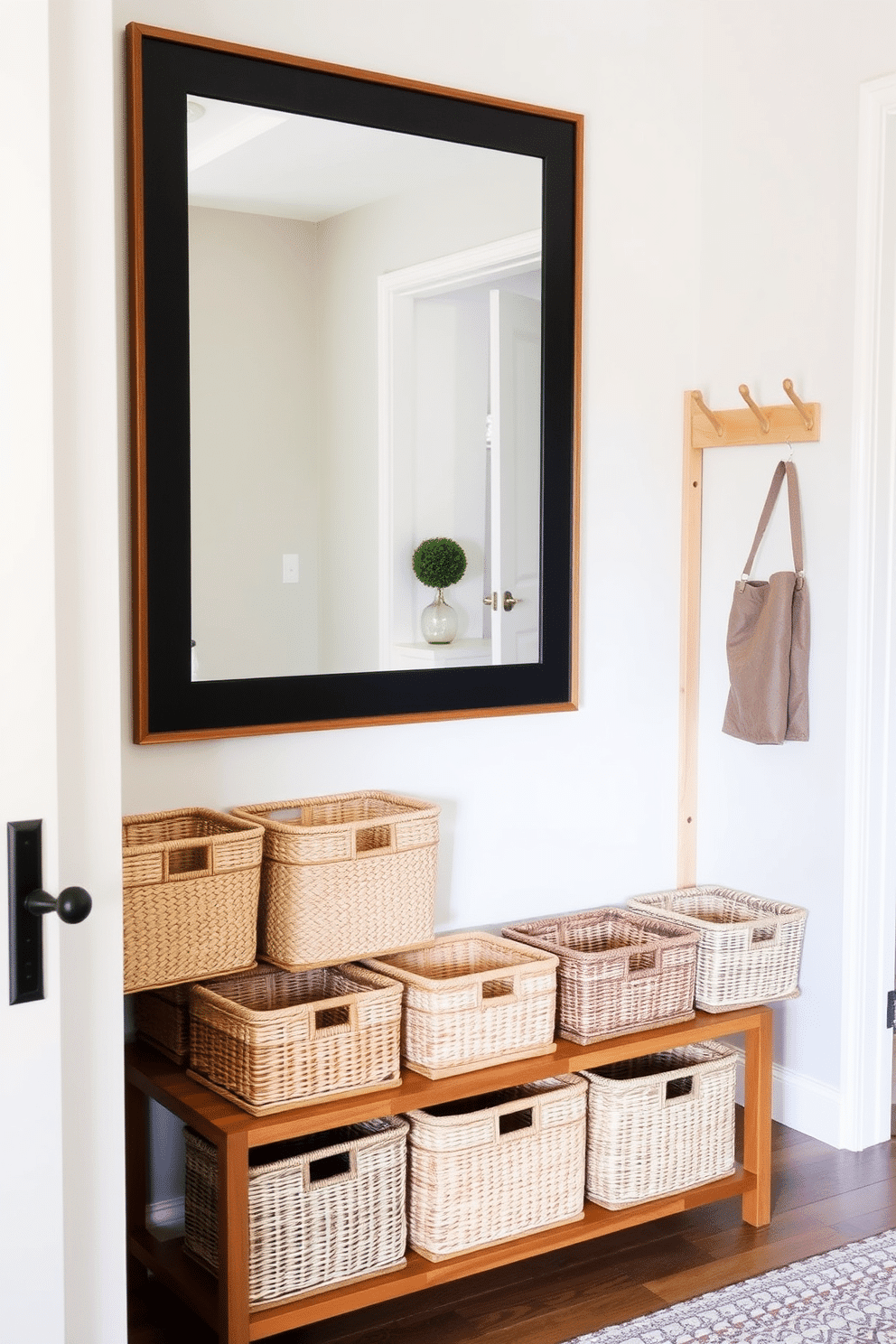 A chic apartment entryway featuring woven baskets for stylish storage. The baskets are arranged neatly on a wooden bench, adding texture and warmth to the space. The walls are painted in a soft, inviting hue, complemented by a minimalist coat rack made of natural wood. A large mirror hangs above the bench, reflecting light and creating a sense of openness in the entryway.