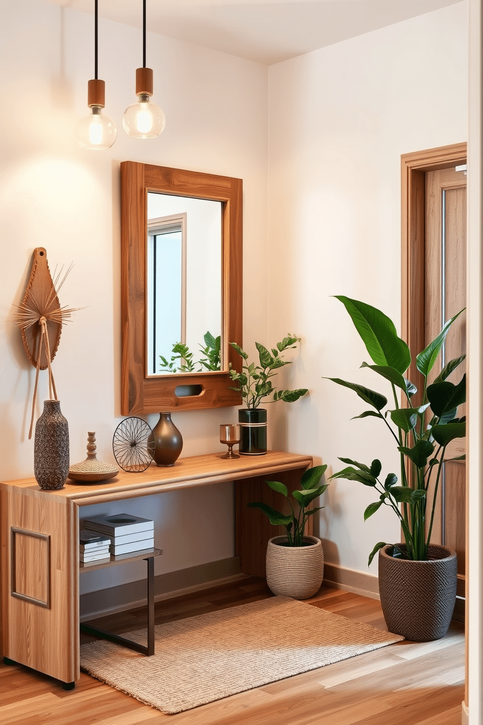 A welcoming apartment entryway features natural wood elements that create a warm and inviting atmosphere. The space includes a sleek wooden console table adorned with decorative items, and a large mirror framed in reclaimed wood that reflects light and enhances the sense of openness. Soft lighting fixtures, such as pendant lights with wooden accents, illuminate the area, while a cozy area rug adds texture beneath the feet. Potted plants with lush greenery are strategically placed to bring life to the entryway, complementing the natural wood tones throughout the design.