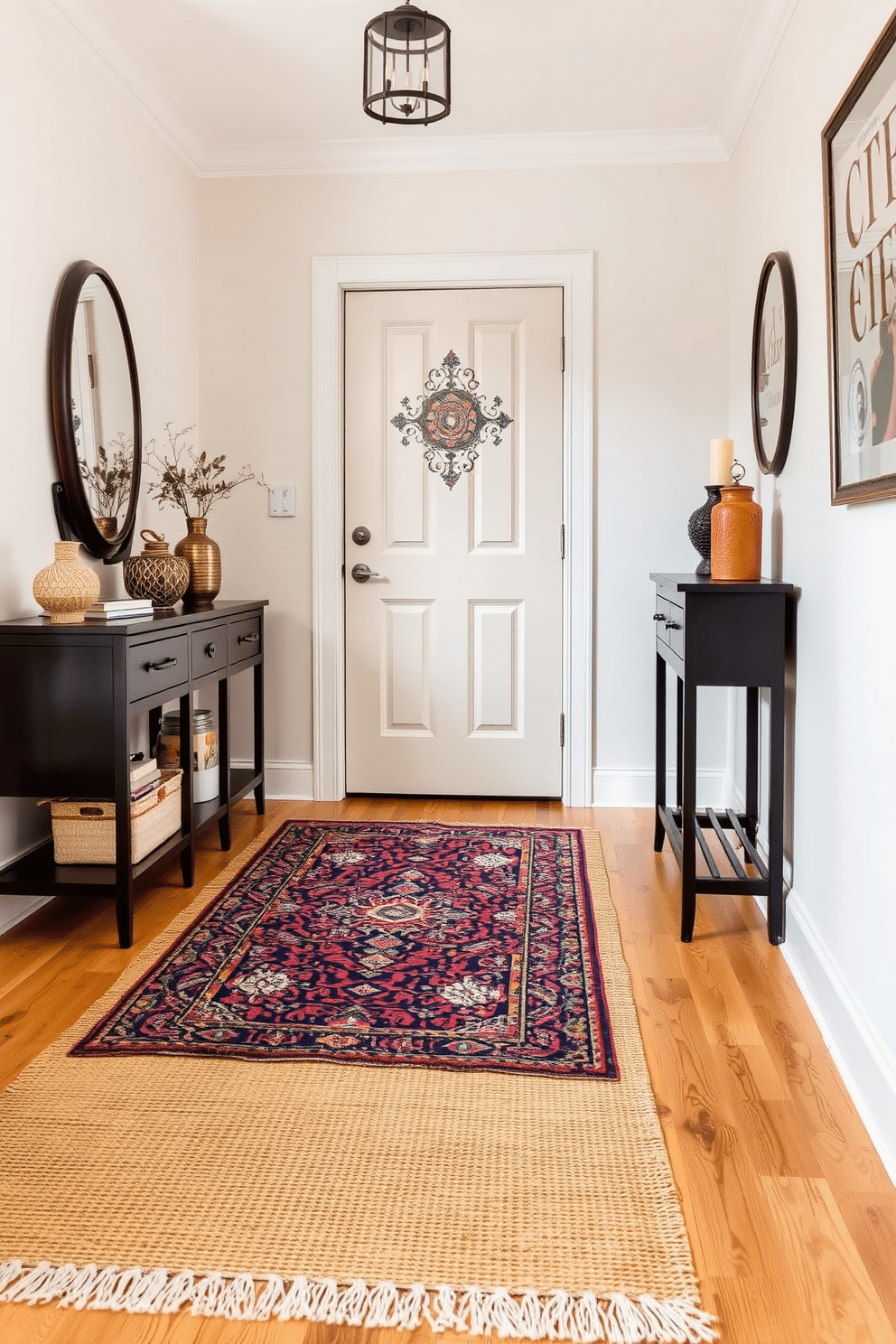 A stylish apartment entryway features layered rugs that add texture and depth to the space, creating a warm and inviting atmosphere. The first rug is a large, neutral jute piece, topped with a smaller, colorful Persian rug that showcases intricate patterns and rich hues.