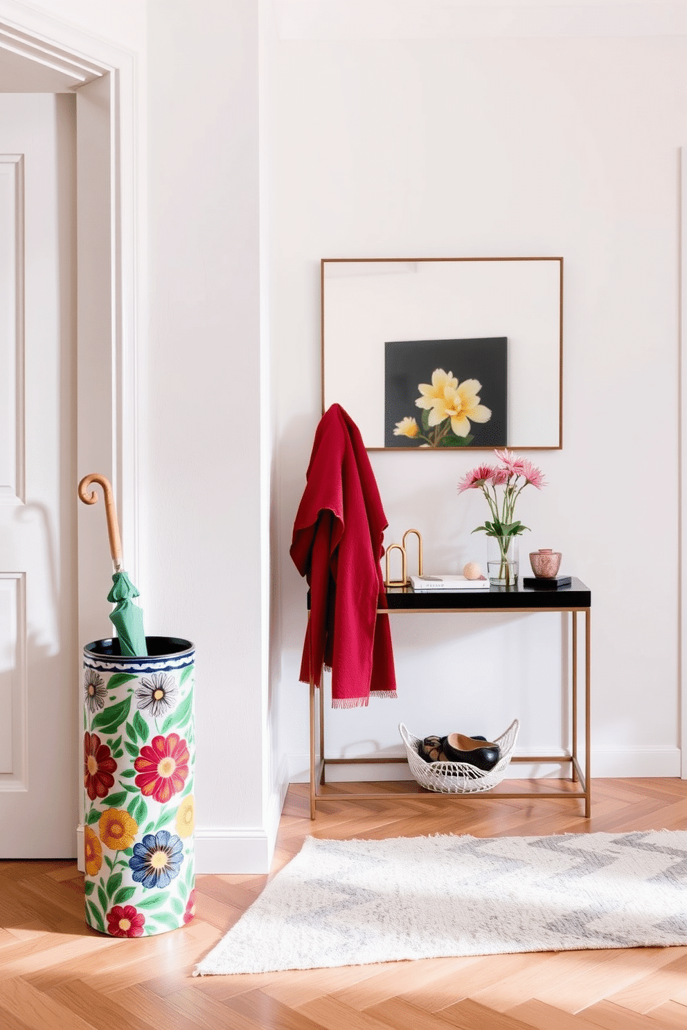 A colorful umbrella stand made of ceramic sits in the corner of a stylish apartment entryway, featuring a vibrant floral pattern that adds a cheerful touch. The stand is complemented by a sleek console table nearby, adorned with decorative items and a small potted plant for a welcoming atmosphere. The entryway walls are painted in a soft, neutral tone, providing a perfect backdrop for the colorful accents. A large mirror hangs above the console table, reflecting light and creating an illusion of space, while a cozy rug adds warmth underfoot.