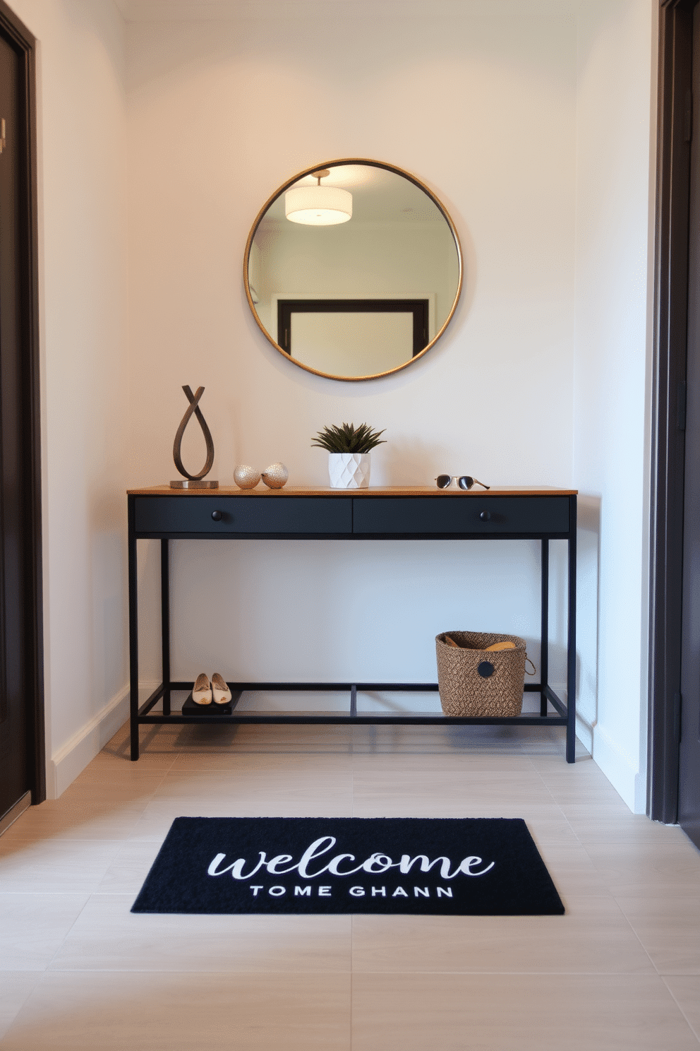 A charming apartment entryway features a personalized welcome mat that greets guests with a warm message. The space is adorned with a stylish console table, topped with decorative items and a small potted plant, while a contemporary mirror hangs above, reflecting natural light.