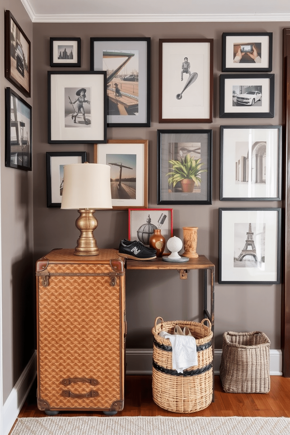 A vintage suitcase serves as a quirky storage solution in the apartment entryway, adding character and charm to the space. It is placed against a wall adorned with a gallery of framed art, creating a welcoming atmosphere. The entryway features a small console table topped with a stylish lamp and decorative items, complementing the suitcase's rustic aesthetic. A woven basket sits beneath the table, providing additional storage for shoes and accessories while maintaining a cohesive look.