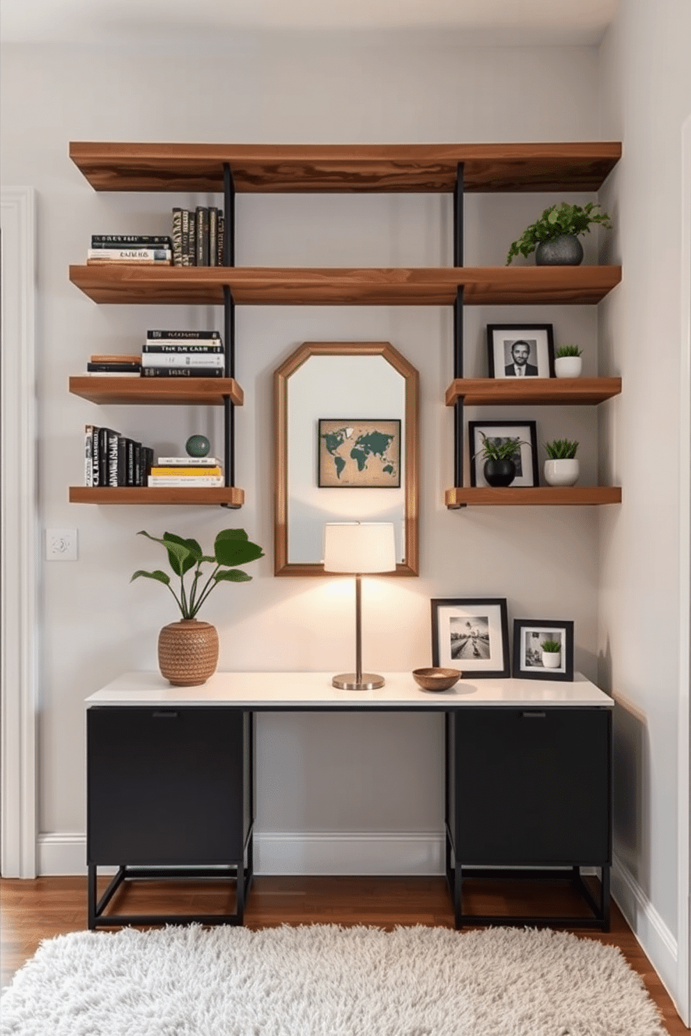 Open shelving lines the walls of a stylish apartment entryway, showcasing an array of decorative items such as books, plants, and art pieces. The shelves are crafted from reclaimed wood, adding warmth to the space, while a sleek console table sits below, adorned with a chic lamp and a small bowl for keys. The entryway features a soft, neutral color palette, with a statement mirror above the console that reflects natural light. A plush area rug anchors the space, and a few framed photographs are arranged artfully on the shelves, creating an inviting atmosphere.