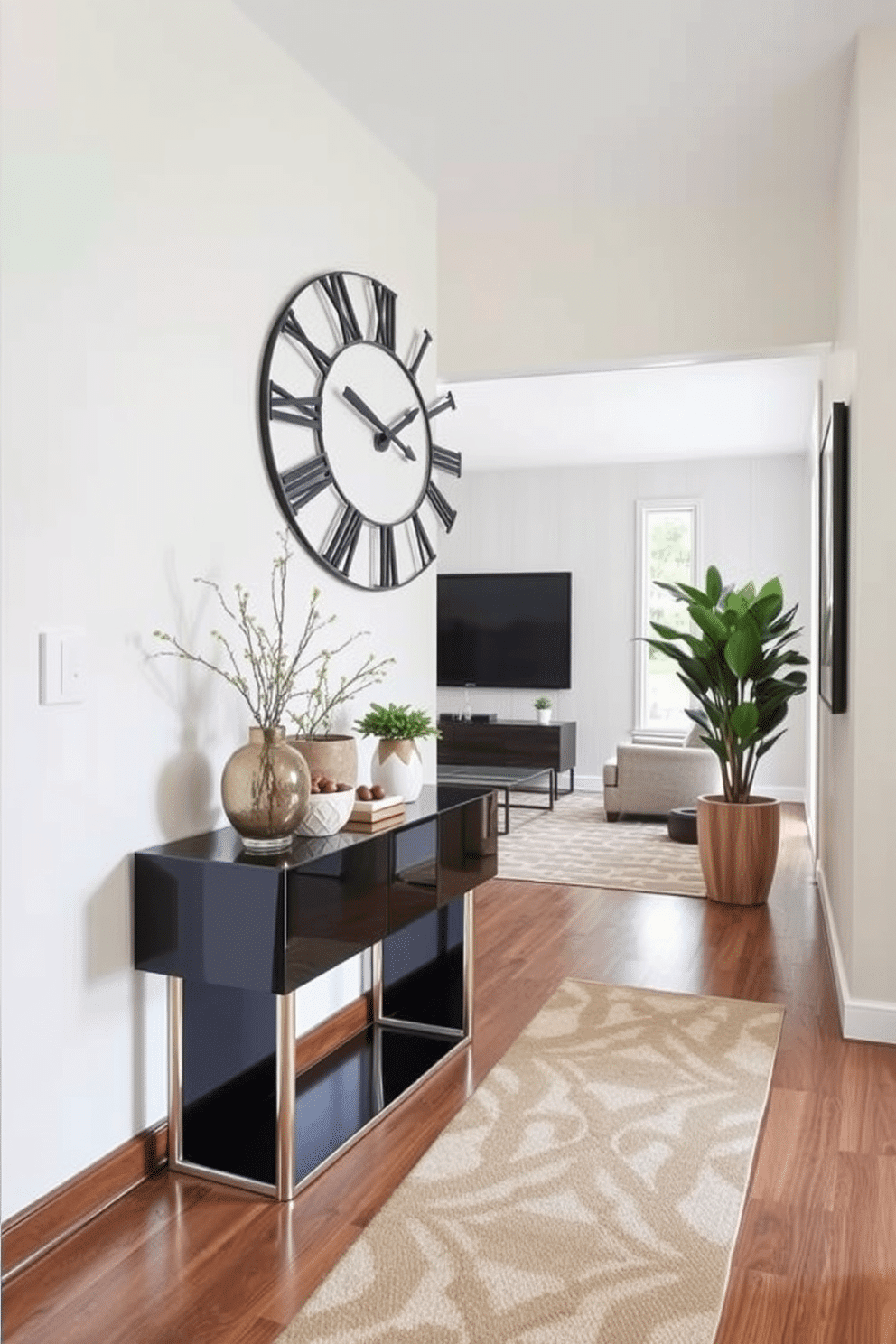 Artistic wall clock as a focal point. The entryway features a sleek console table with a glossy finish, adorned with decorative objects and a small potted plant. A large, artistic wall clock in a unique design hangs prominently above the console, drawing the eye and adding character. The walls are painted in a soft, welcoming hue, complemented by a stylish runner rug that leads into the living space.