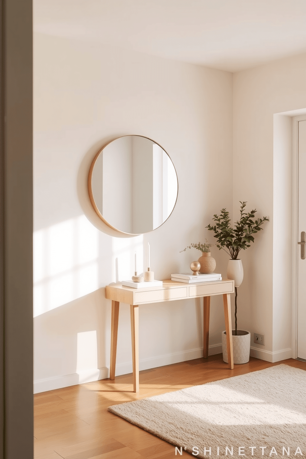 A serene apartment entryway featuring a neutral color palette that promotes tranquility. The walls are painted in soft beige, complemented by a light wood console table adorned with minimalistic decor. A large, round mirror hangs above the console, reflecting natural light from a nearby window. The floor is covered with a plush, muted area rug, and a small potted plant adds a touch of greenery to the space.