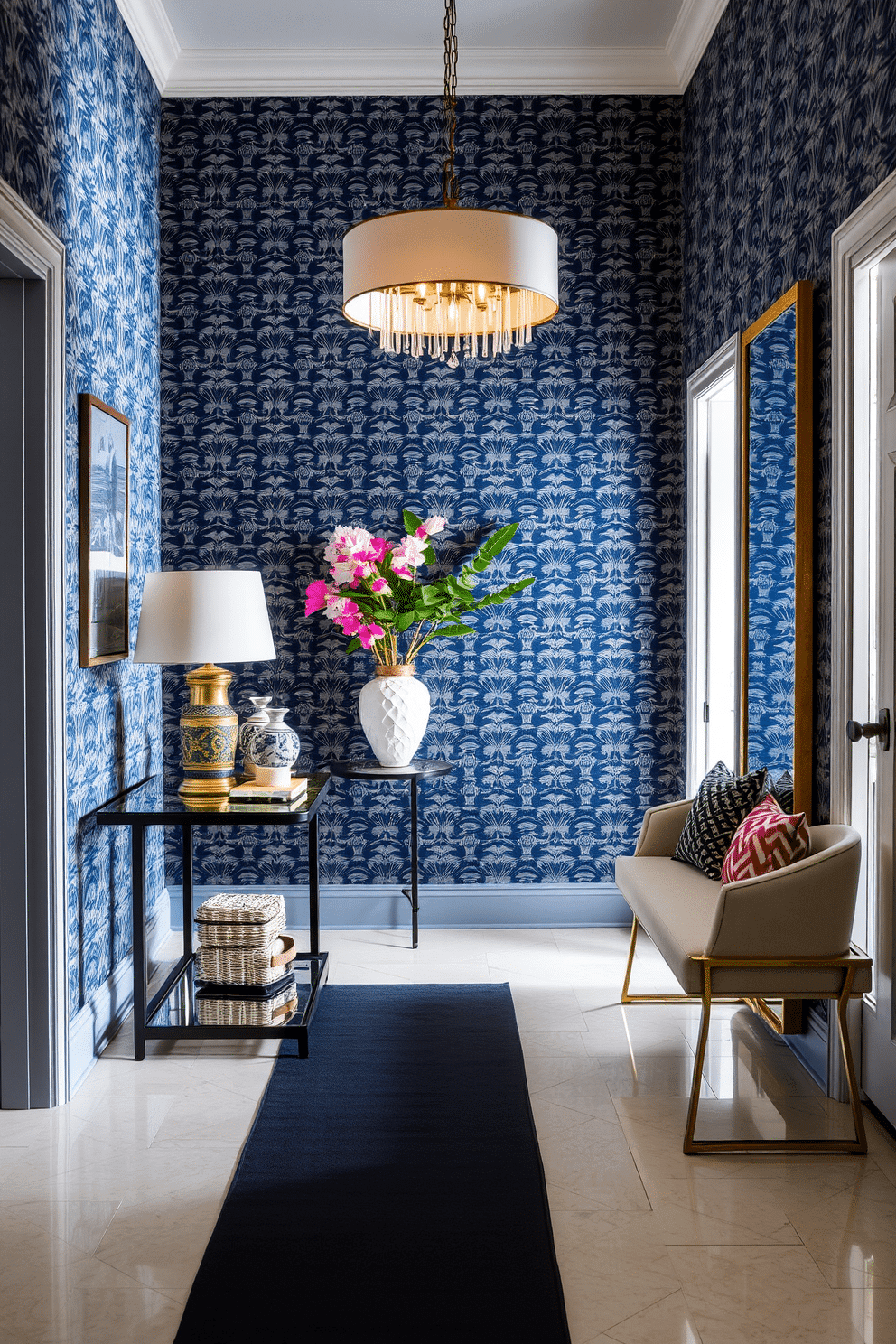 A striking entryway features bold, patterned wallpaper that instantly draws attention. The floor is adorned with a sleek runner, complementing a stylish console table topped with decorative accents and a vibrant potted plant. To the side, a chic bench provides seating, while a large mirror enhances the sense of space. Soft lighting from an elegant fixture casts a warm glow, inviting guests into the home.