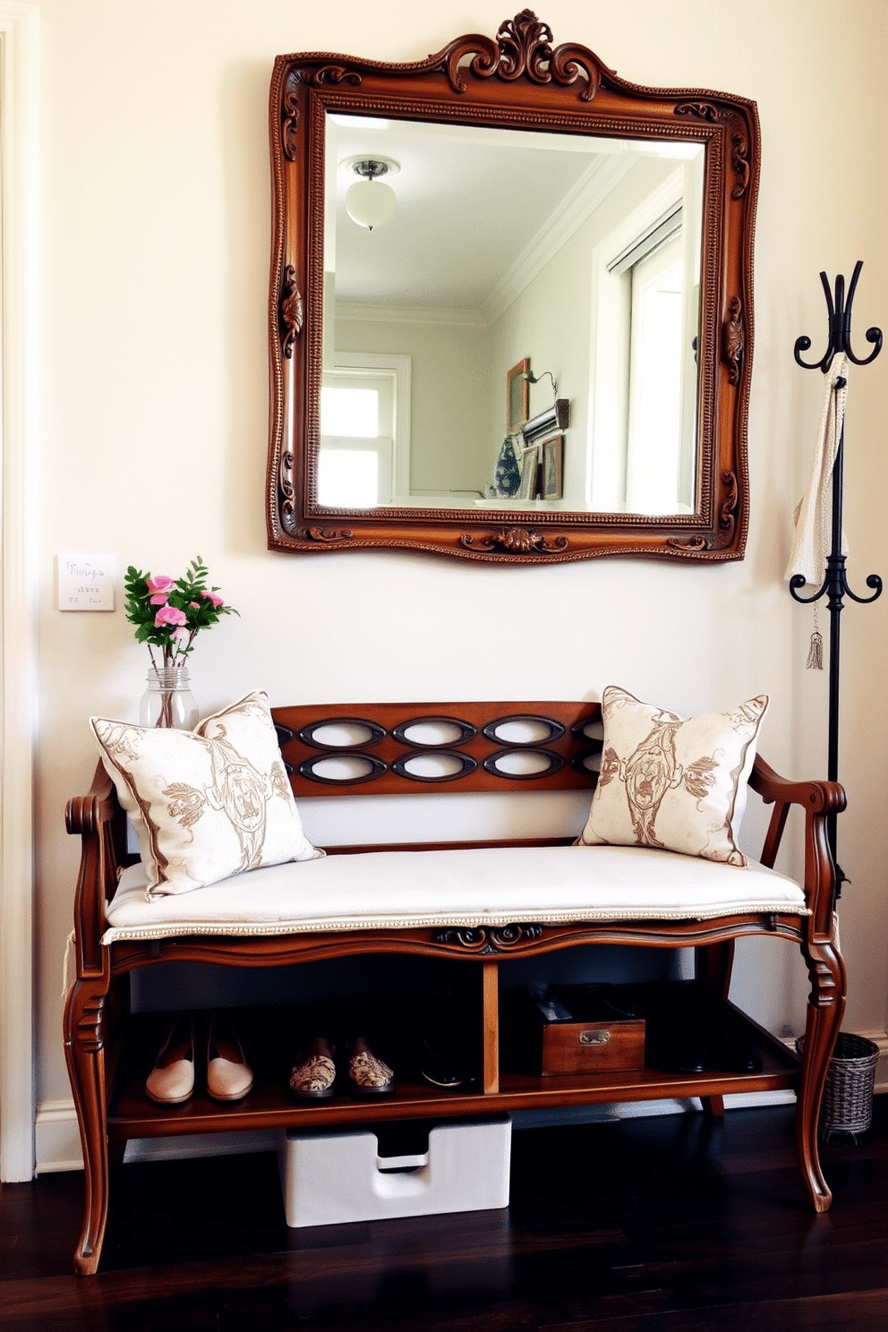 A vintage bench with intricate woodwork sits against the wall of the apartment entryway, providing both style and functionality. Underneath the bench, there is ample storage space for shoes and accessories, enhancing the organization of the area. The walls are adorned with soft, neutral tones, complemented by a statement mirror above the bench that reflects natural light. A few decorative items, such as a potted plant and a stylish coat rack, add warmth and character to the entryway.