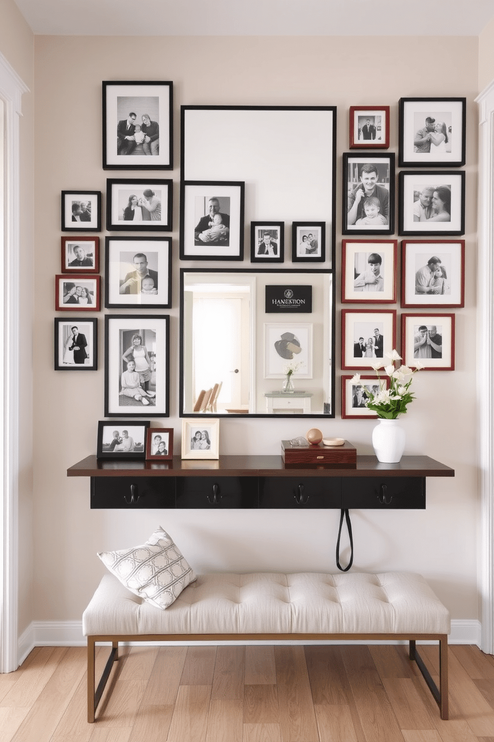 A gallery wall filled with framed family photos creates a warm and inviting atmosphere. The arrangement features a mix of sizes and styles, with black and white photographs complemented by colorful frames, set against a soft, neutral wall color. The apartment entryway is designed for functionality and style, showcasing a sleek console table with decorative accents. A large mirror above the table reflects light, while a cozy bench and stylish hooks provide a welcoming space for guests.