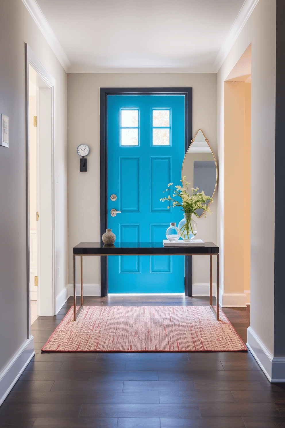 A vibrant, brightly colored door serves as the focal point of the entryway, instantly welcoming guests with its cheerful hue. Surrounding the door, a sleek console table holds decorative items and a stylish mirror, enhancing the sense of space and light. The walls are adorned with a subtle, neutral tone that complements the door while allowing it to stand out. A cozy rug in a contrasting color lies beneath the console table, adding warmth and texture to the entryway.