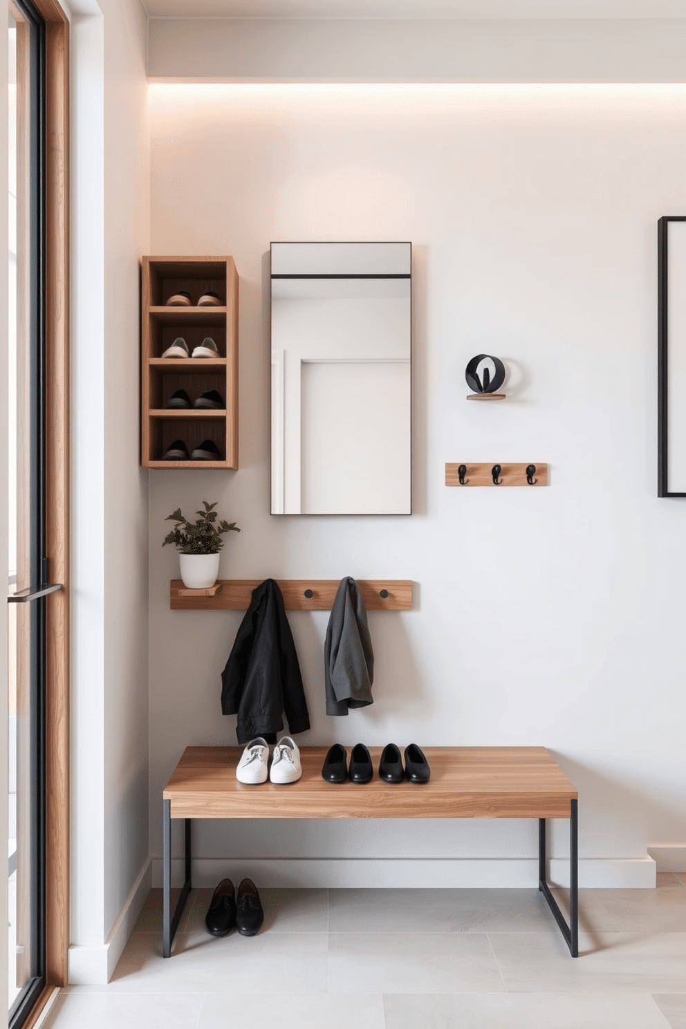 A sleek minimalist shoe storage solution features a wall-mounted unit with clean lines and a natural wood finish. The design incorporates open shelving for easy access, complemented by a small potted plant for a touch of greenery. The apartment entryway is designed to maximize space while maintaining a welcoming atmosphere. It includes a compact console table with a stylish mirror above, paired with a comfortable bench and hooks for coats, all in a neutral color palette.